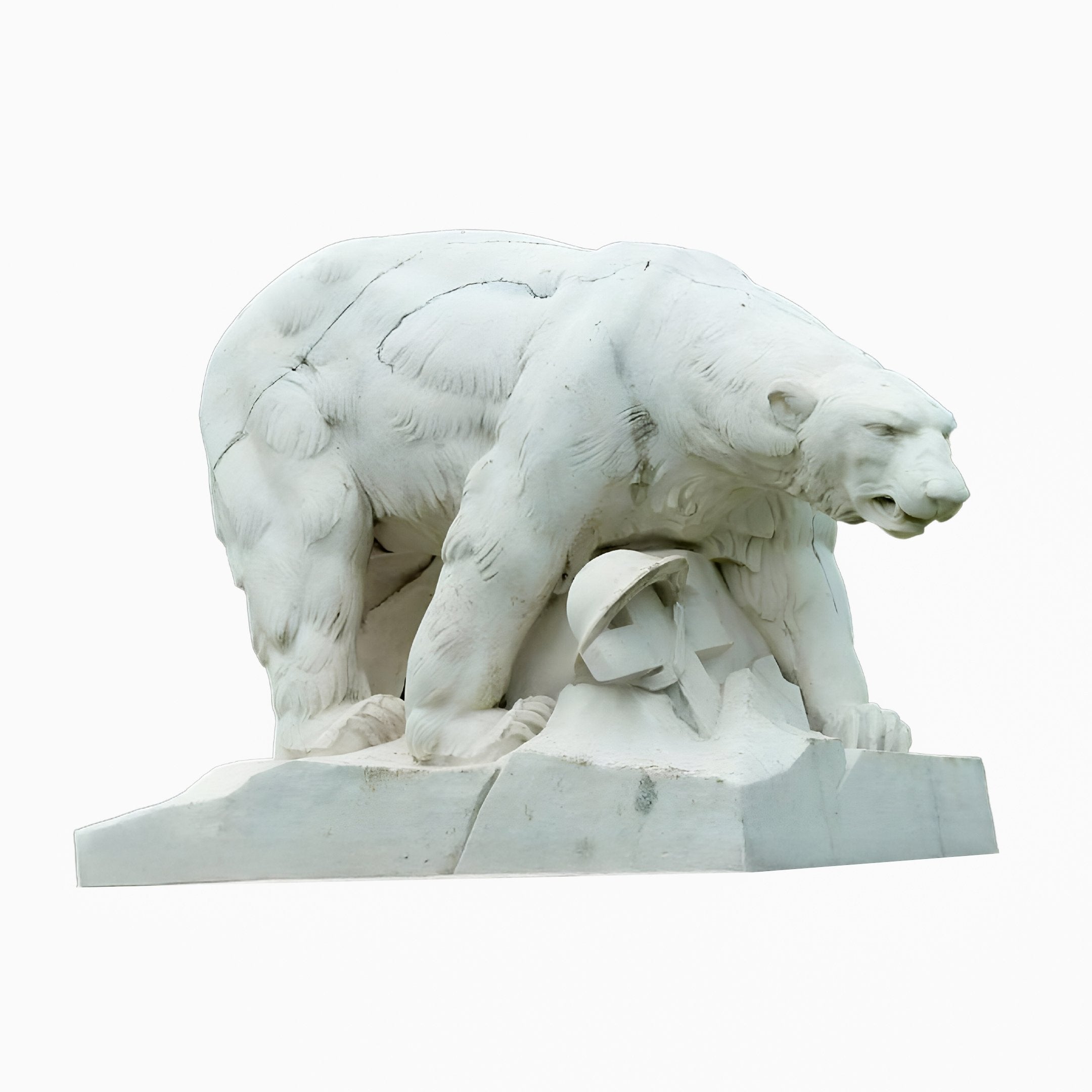 The Arctic Guardian Bear Marble Outdoor Sculpture by Giant Sculptures depicts a majestic polar bear standing on broken architecture, growling with its head turned. This 180cm white marble piece embodies strength and grace against a white background.