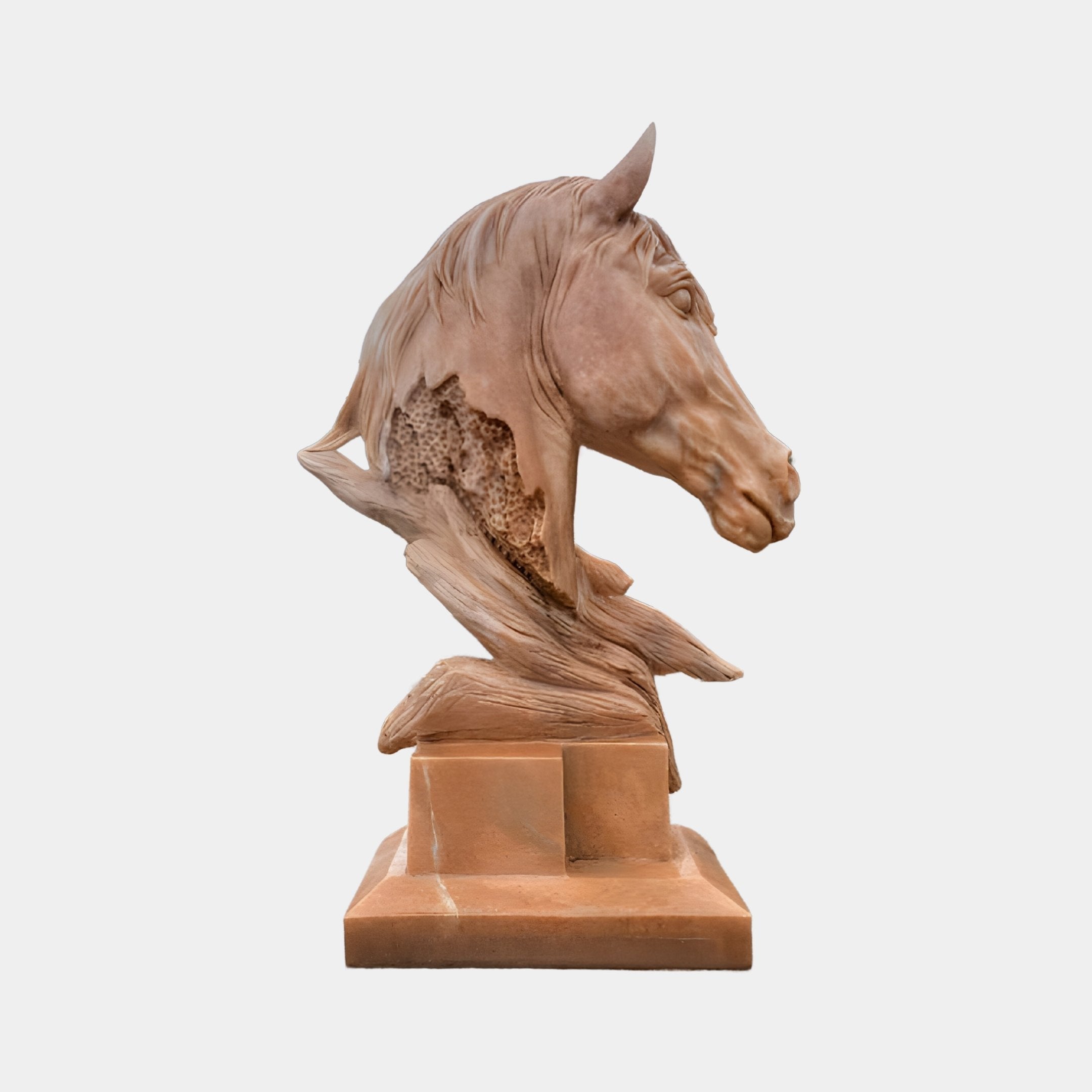 The Honeycomb Horse Head Marble Outdoor Sculpture - 100cm from Giant Sculptures features a bronze horse head on a yellow marble base. Its smooth left side contrasts captivatingly with the textured honeycomb motif on the right against the light background.
