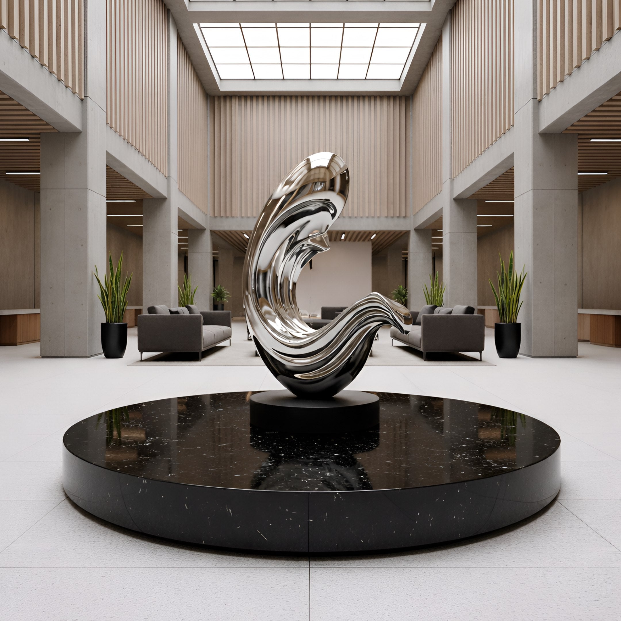 The Waveform Silver Abstract Steel Sculpture (200cm) by Giant Sculptures sits on a black circular platform in a modern atrium, surrounded by sofas and plants, with natural light streaming from a large skylight above.