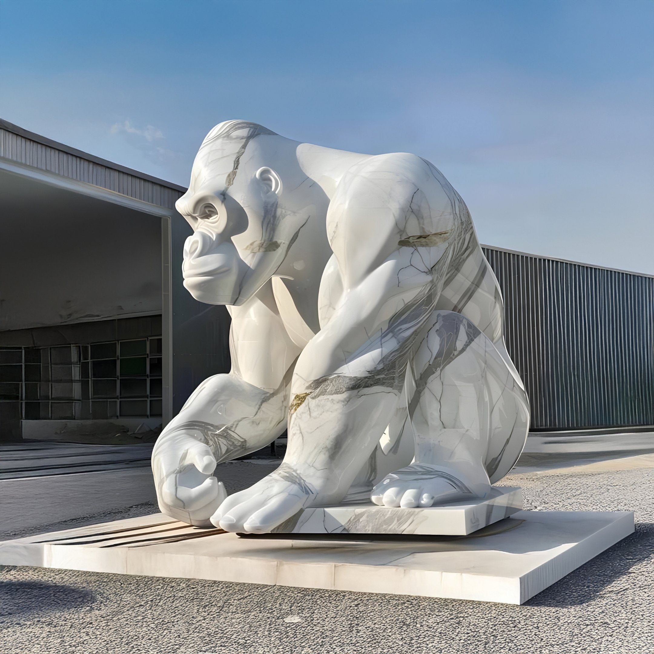 The Crouching Gorilla Marble Outdoor Sculpture by Giant Sculptures, measuring 150cm and featuring exquisite hand-carved detailing with gray veins, stands against the clear blue sky. This polished piece adds wild elegance to the modern building it guards.