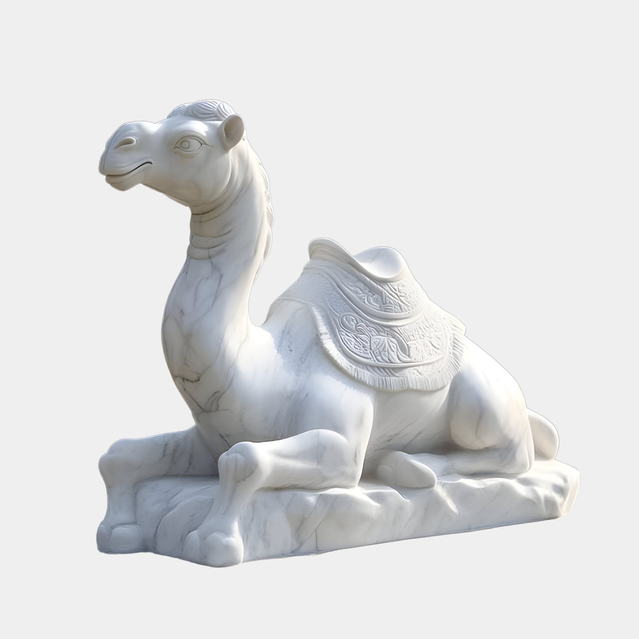 The Saddled Lying Camel Marble Outdoor Sculpture - 150cm by Giant Sculptures is a high-quality piece featuring intricate saddle carvings and a smooth texture on a rectangular base, exuding elegance against a plain white backdrop.
