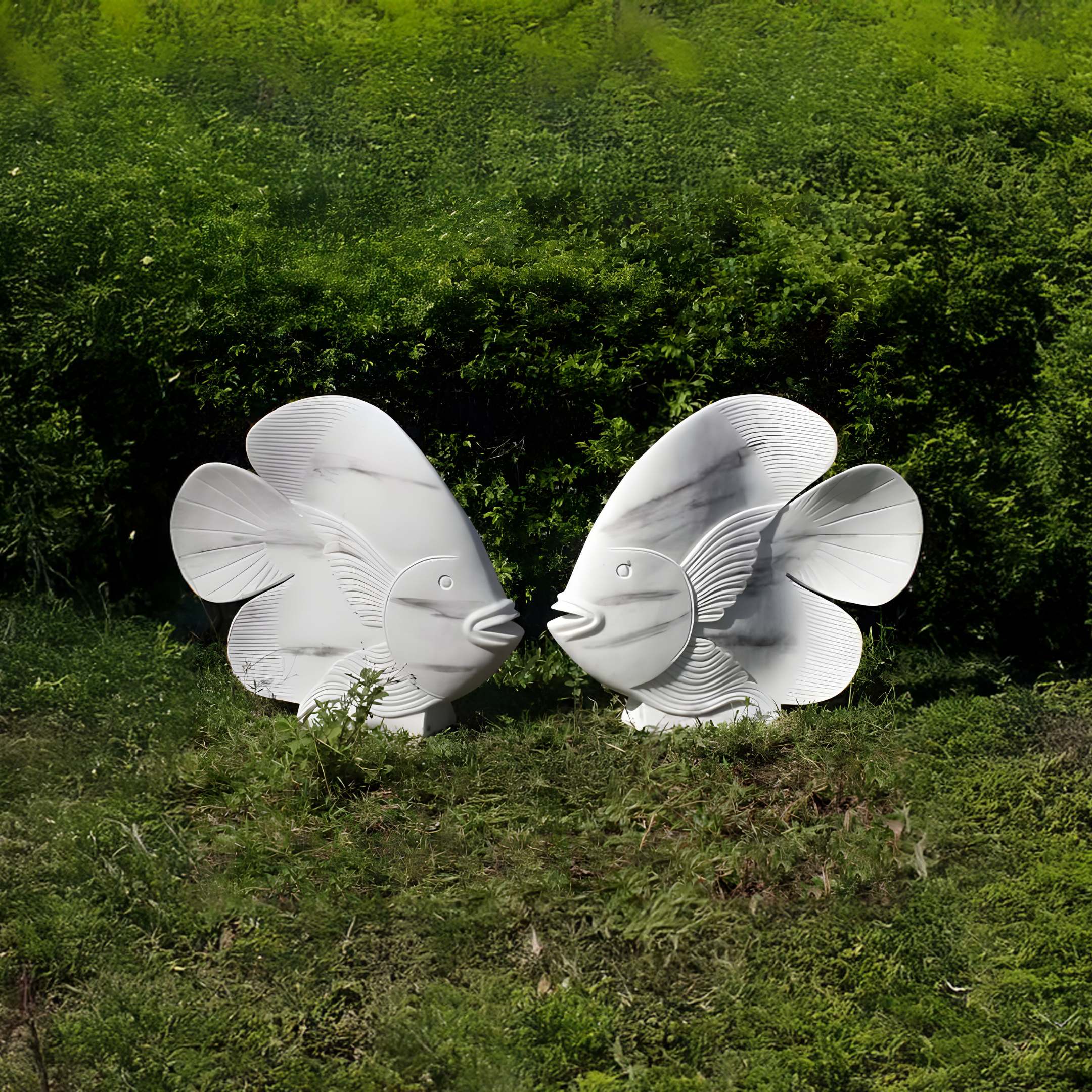 Two large Swirl-Fin Angel Fish I Marble Outdoor Sculptures by Giant Sculptures face each other on a grassy patch, with lush green foliage in the background. Crafted from marble, they feature detailed fins and expressive faces, contrasting vividly against the vibrant greenery.
