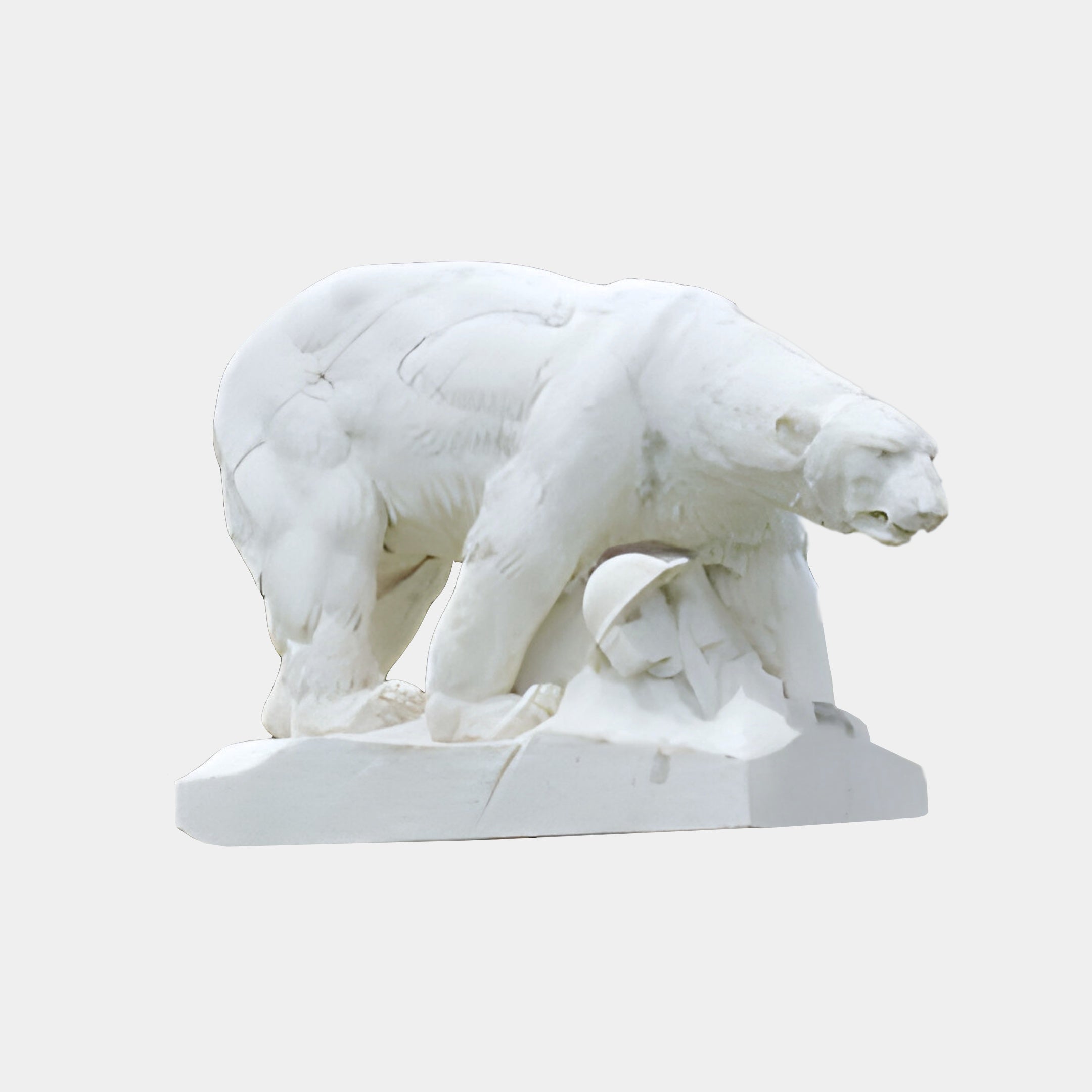 The Arctic Sentinel Bear Marble Outdoor Sculpture - 160cm by Giant Sculptures is a dynamic piece featuring a stunningly crafted white marble polar bear with exquisite fur detail, perfect for outdoor garden art. Its elegant presence is enhanced by the plain background.