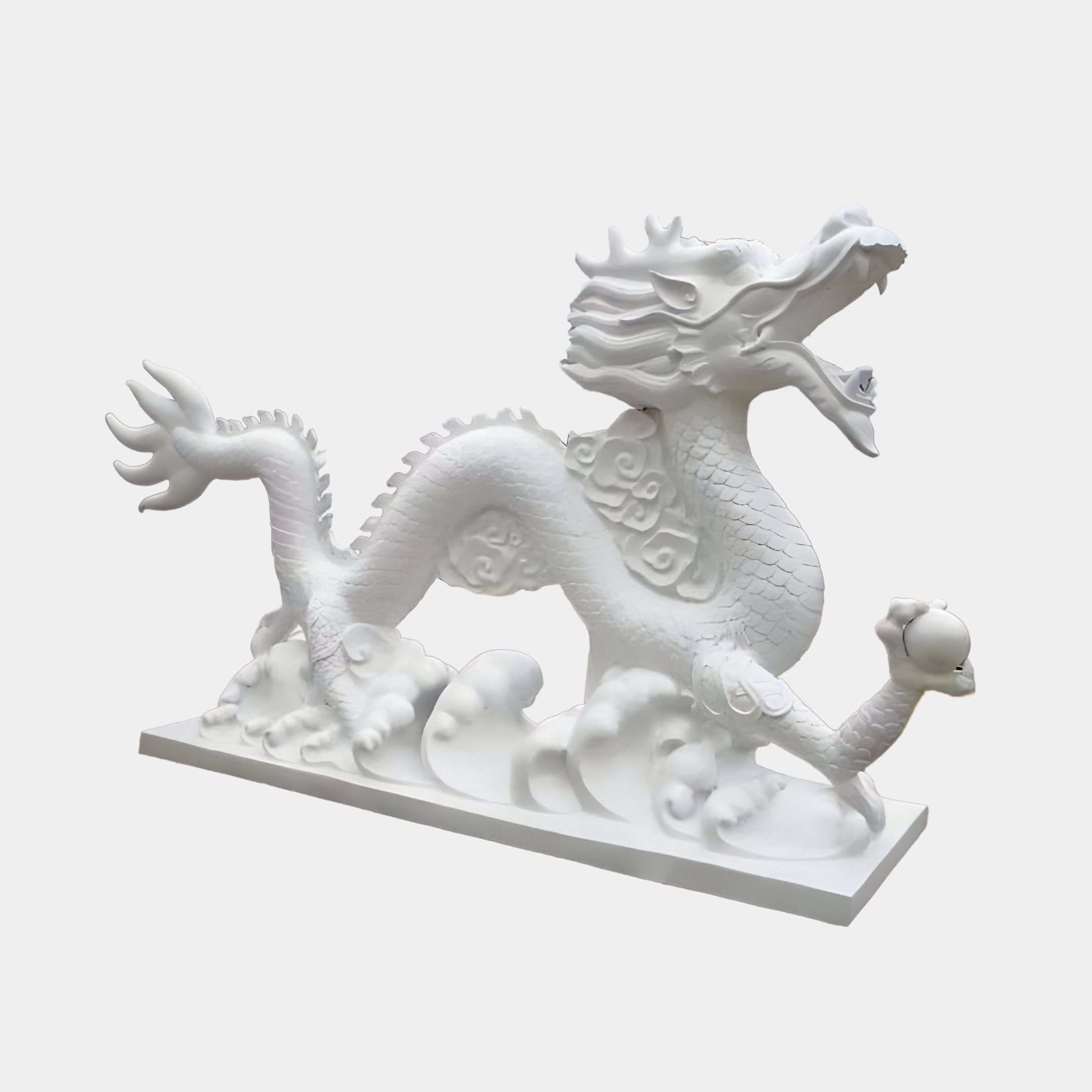The Cloud-Surging Dragon Marble Outdoor Sculpture by Giant Sculptures stands 260cm tall, intricately detailed with swirling clouds and scales. This statue features an open mouth, a small sphere in its claw, all mounted on a rectangular base for outdoor display.