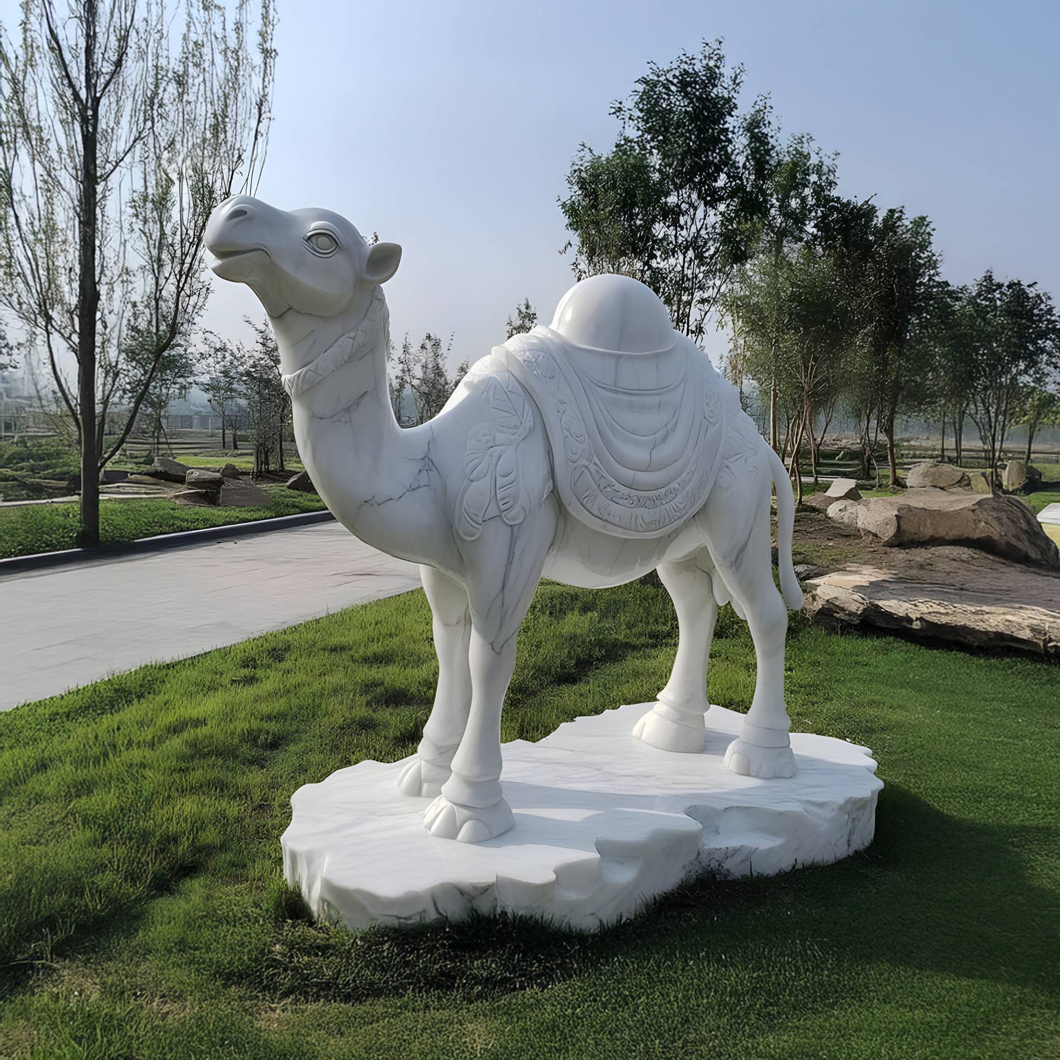 The 220cm Saddled Standing Camel Marble Outdoor Sculpture by Giant Sculptures graces a grassy area, surrounded by trees and rocks. Featuring intricate hand-carved details, the sculptures centerpiece is its saddle, set against a backdrop of clear sky.