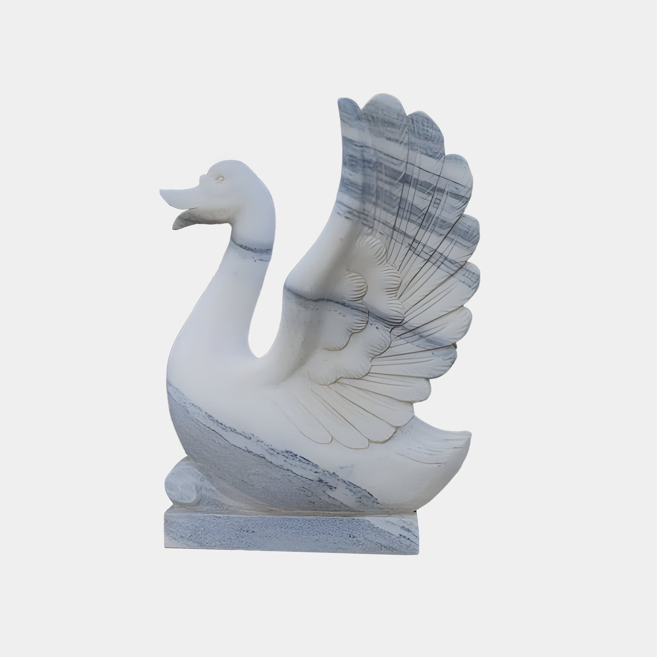 The Wings-Lifted Swan I Marble Outdoor Sculpture from Giant Sculptures, standing at 120cm, features detailed feather carvings in its raised wings. Hand-carved with natural elegance, it showcases white stone with subtle gray veining on a rectangular base, exuding timeless beauty for outdoor spaces.