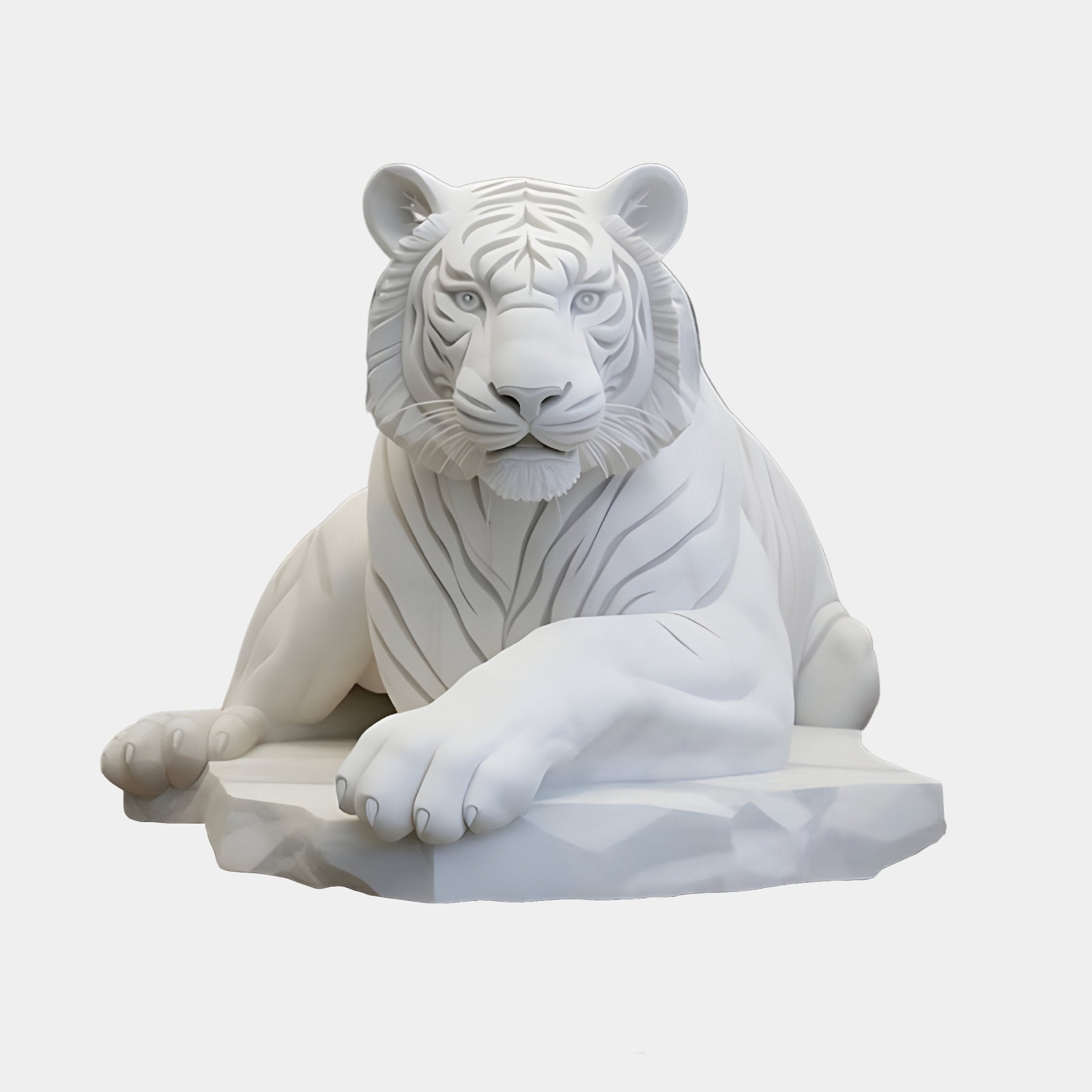 The Regal White Tiger Marble Outdoor Sculpture by Giant Sculptures, 120cm tall, majestically sits on a smooth platform against a plain background, featuring detailed fur markings and a calm, strong expression that blends realism and artistry.