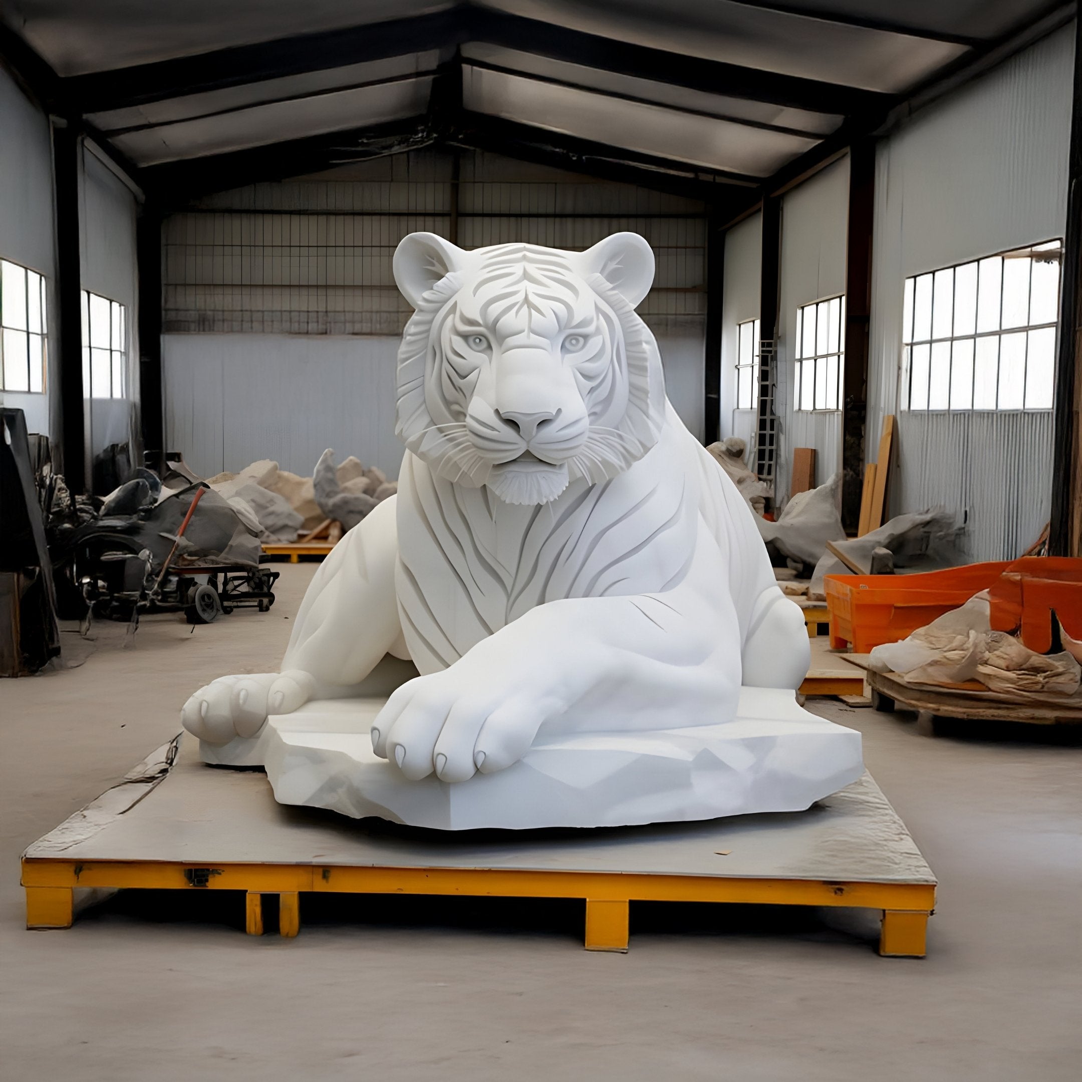 The Regal White Tiger Marble Outdoor Sculpture by Giant Sculptures, standing 120cm tall, majestically rests on a rocky base inside a warehouse. Intricately detailed, this stunning garden statue is surrounded by tools for its transformation into an outdoor masterpiece.