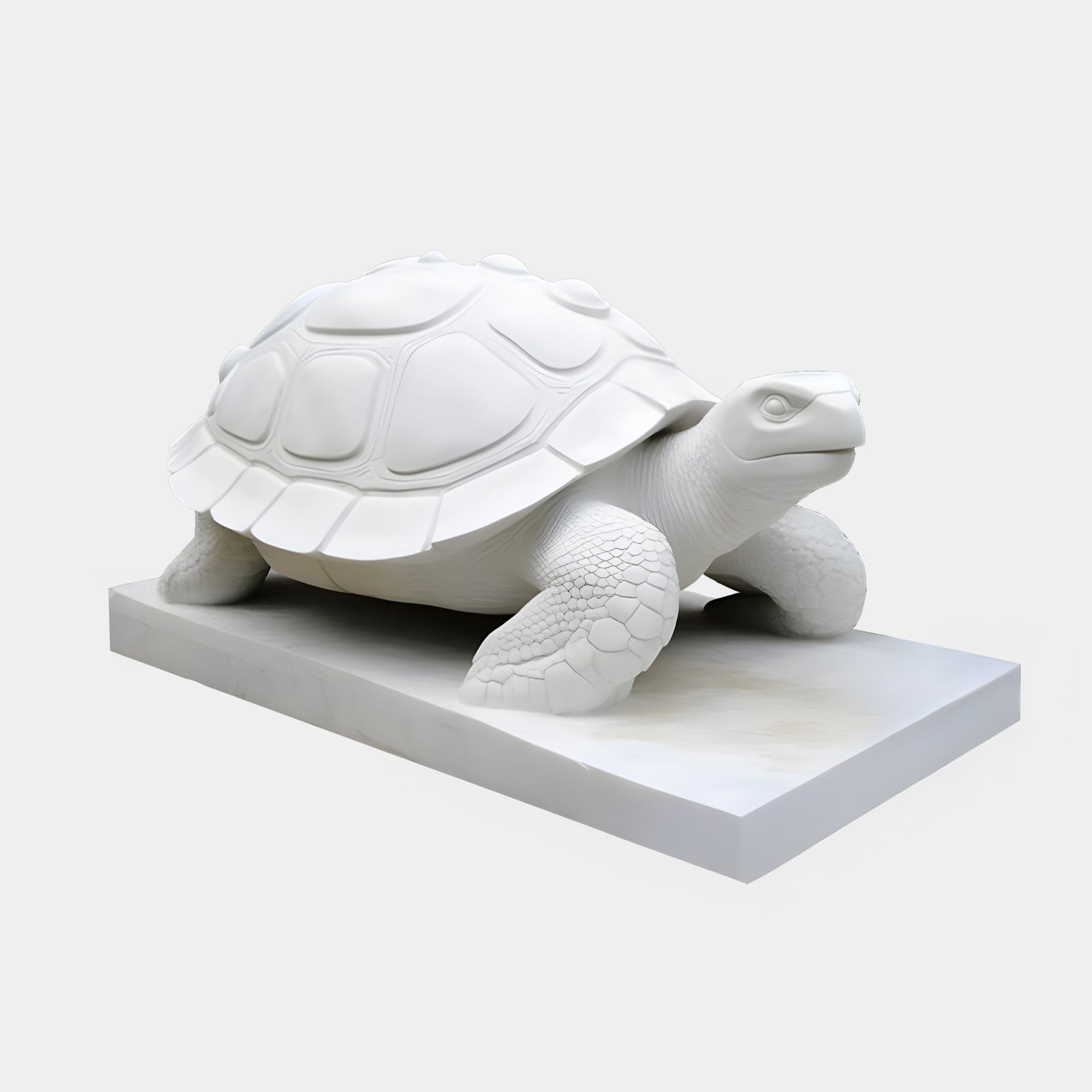 The Longevity Tortoise Marble Outdoor Sculpture by Giant Sculptures is an 80cm white marble piece with detailed shell and limb textures on a rectangular base, providing a realistic and exquisite touch to any garden decor against a plain background.