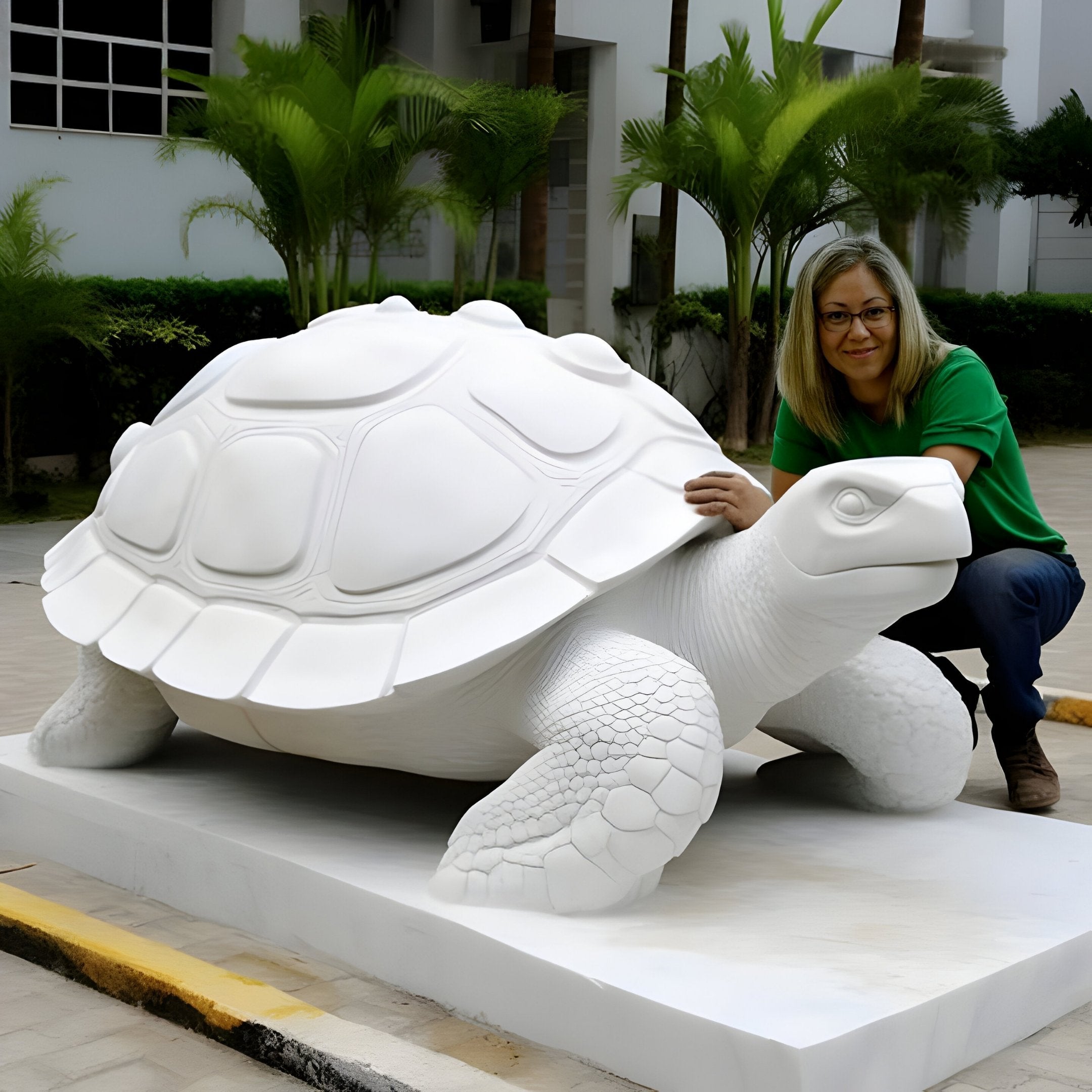 A person crouches beside the Longevity Tortoise Marble Outdoor Sculpture by Giant Sculptures. At 80cm, this detailed piece seamlessly enhances garden decor. Palm trees and a building in the background add to the serene atmosphere.