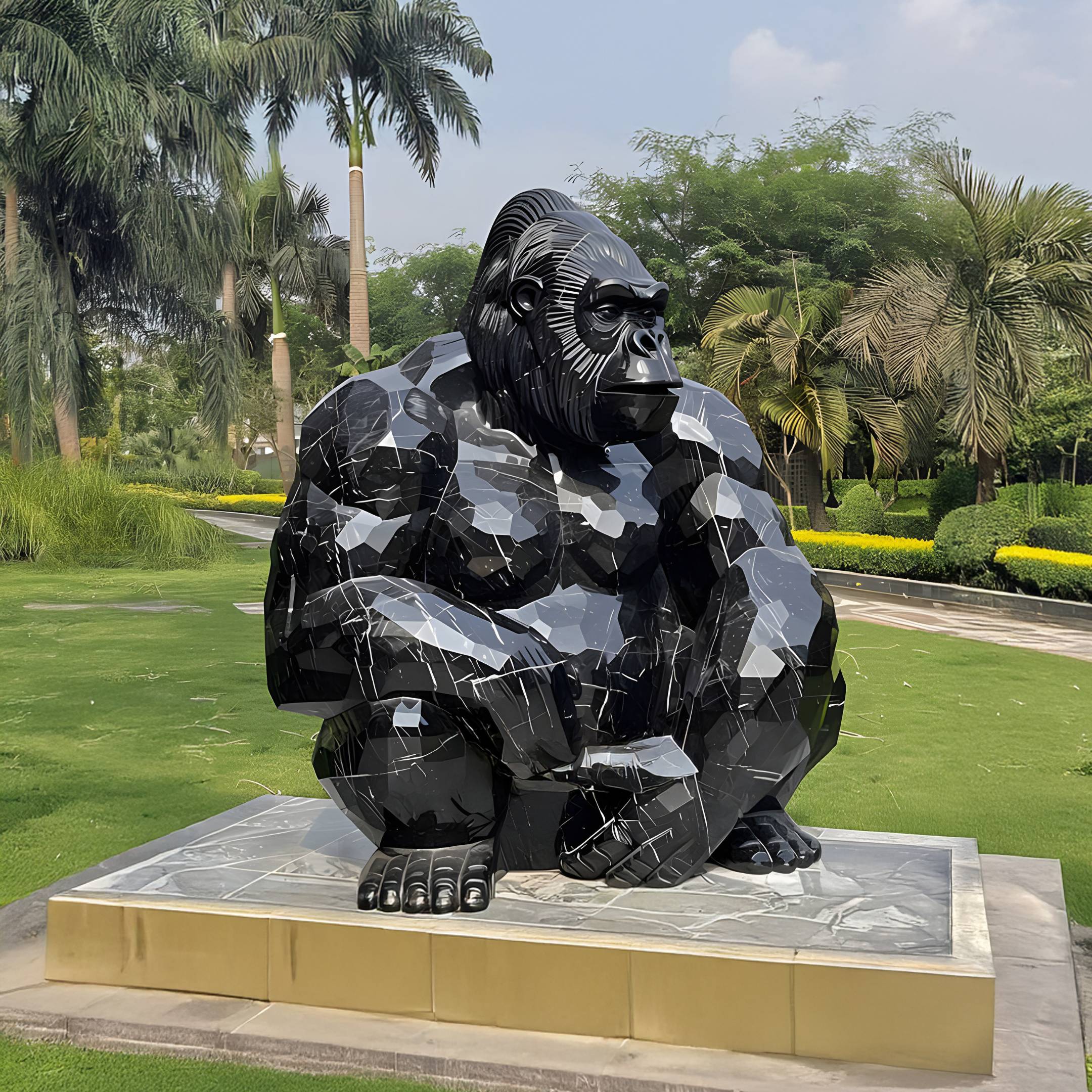 The Onyx Crouching Gorilla Marble Outdoor Sculpture by Giant Sculptures, measuring 80cm, sits majestically on a marble pedestal in a lush park. Its hand-carved geometric design is accentuated among tall palm trees and manicured hedges under a partly cloudy sky.