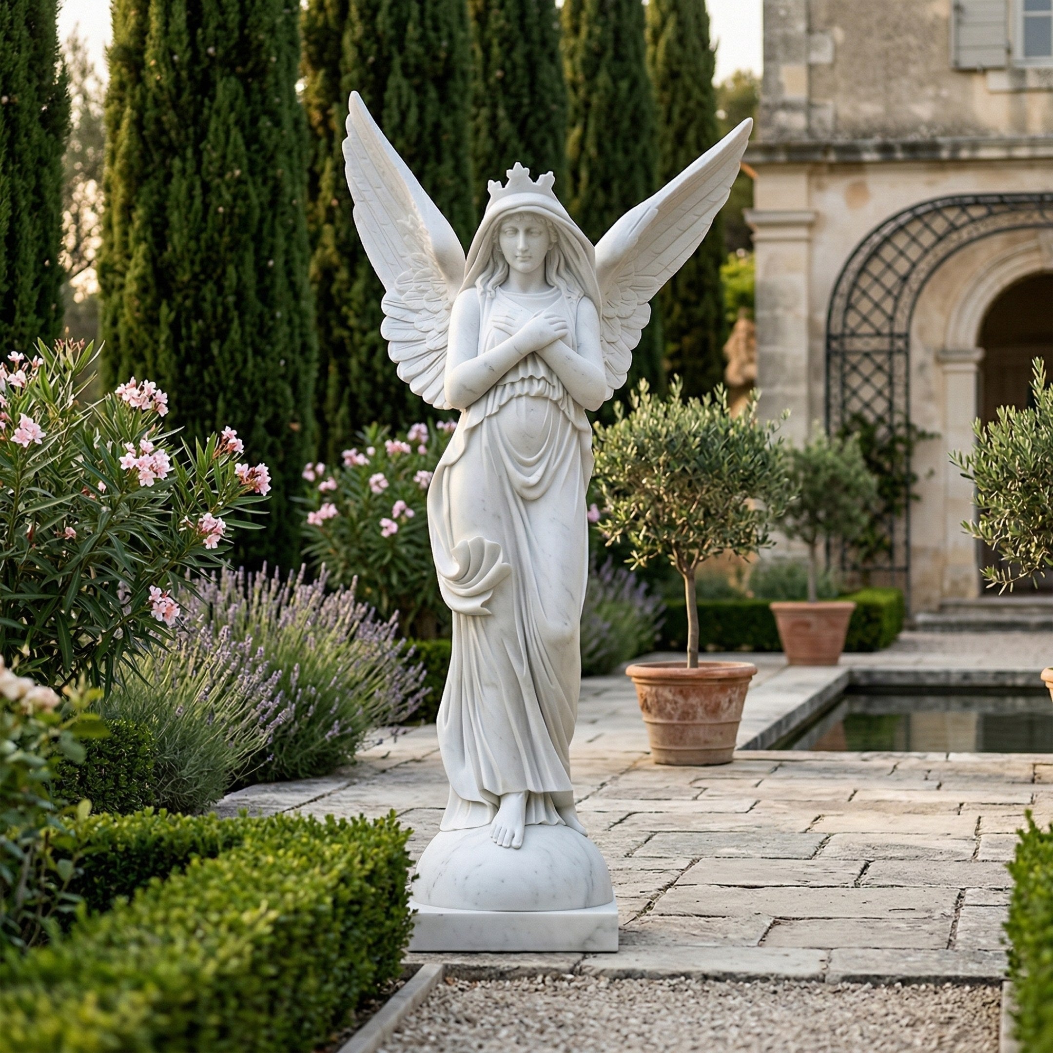 The Crowned Serenity Angel Marble Outdoor Sculpture (200cm) by Giant Sculptures stands gracefully in a formal garden, surrounded by trimmed hedges, flowers, potted trees, and tall cypress near a classical stone building.