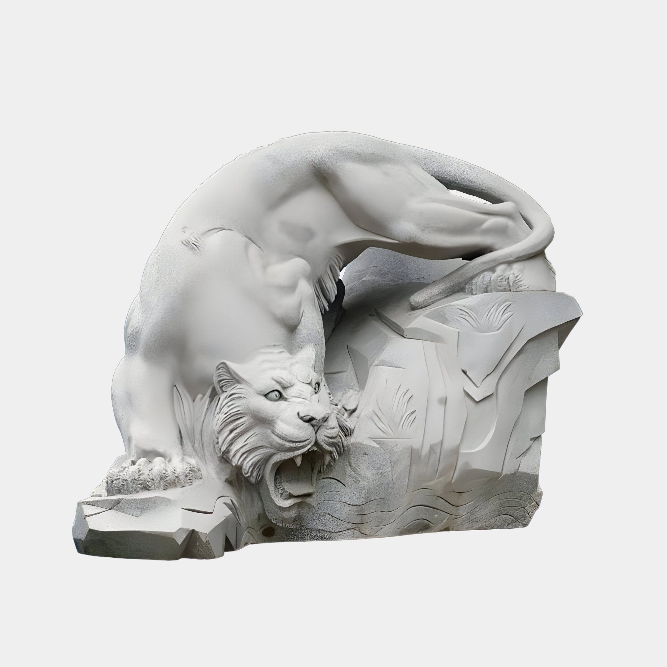The Lunging Tiger Marble Outdoor Sculpture (150cm) by Giant Sculptures showcases a hand-carved, intricately detailed tiger on a rocky base, featuring an open mouth with sharp teeth and a dynamically curved body to accentuate its muscular build.