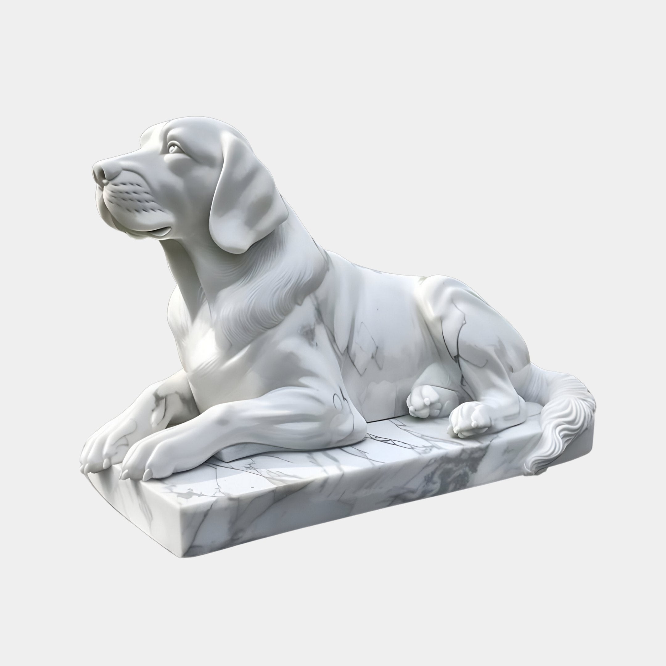 This 90cm Calm Lying Dog Marble Outdoor Sculpture by Giant Sculptures features a graceful, tranquil pose with detailed fur texture and a curled tail on a marble base, set against a plain light gray background. Ideal for garden display.