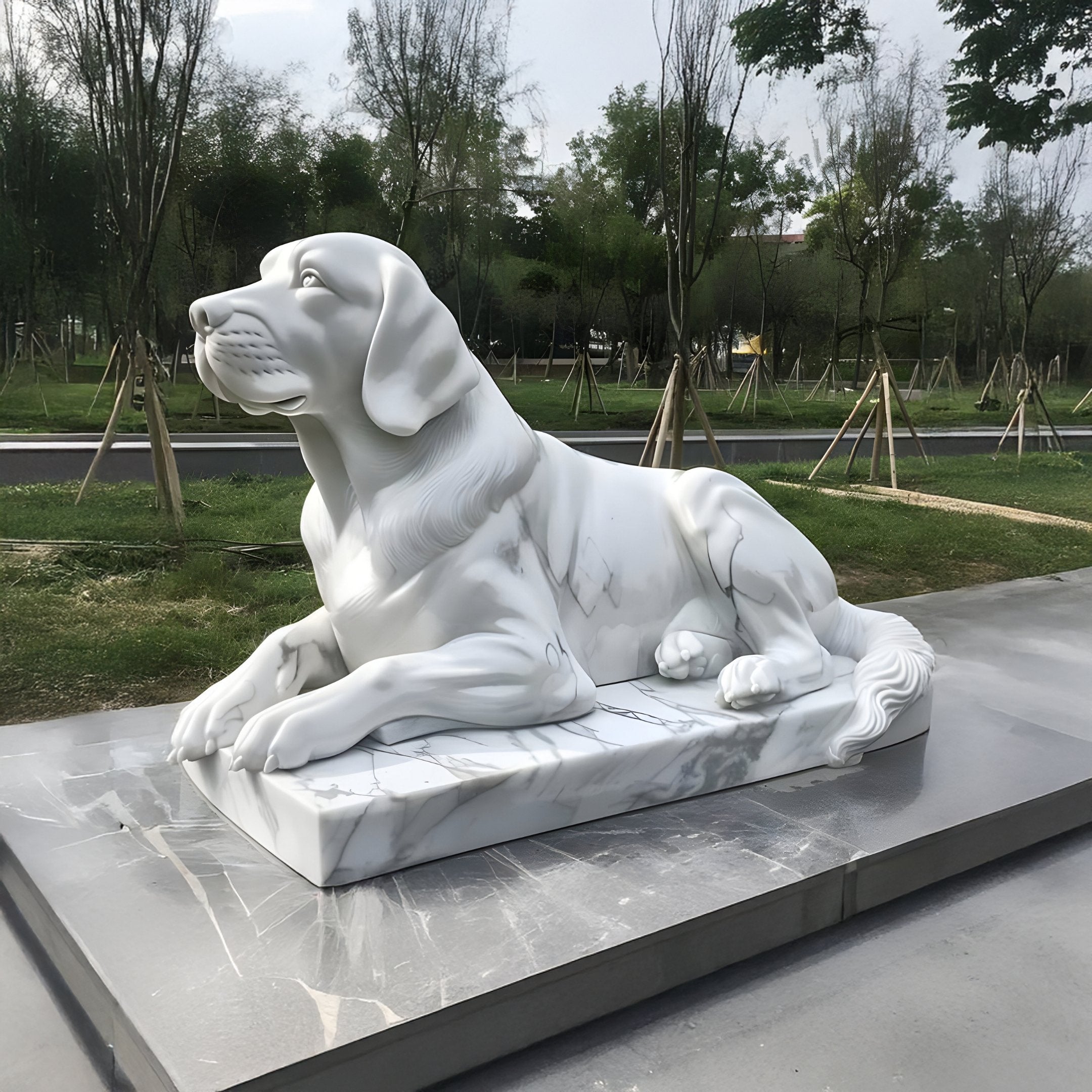 In an outdoor park, the 90cm Calm Lying Dog Marble Outdoor Sculpture by Giant Sculptures rests peacefully on a polished stone surface. The dog appears relaxed with its head raised and ears perked, while trees and pathways provide a serene backdrop.