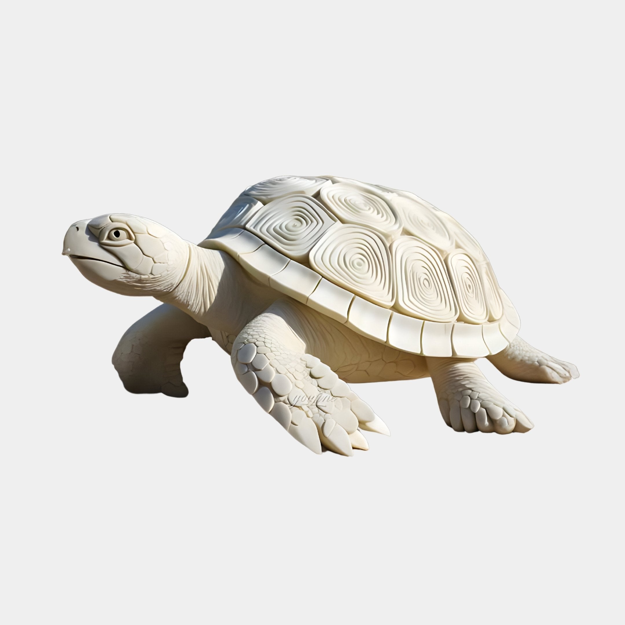 The Swirl-Shell Tortoise Marble Outdoor Sculpture by Giant Sculptures, measuring 90cm, boasts a realistic, intricately detailed design with a smooth spiral-patterned shell and exquisite hand-carved details against a plain white background.