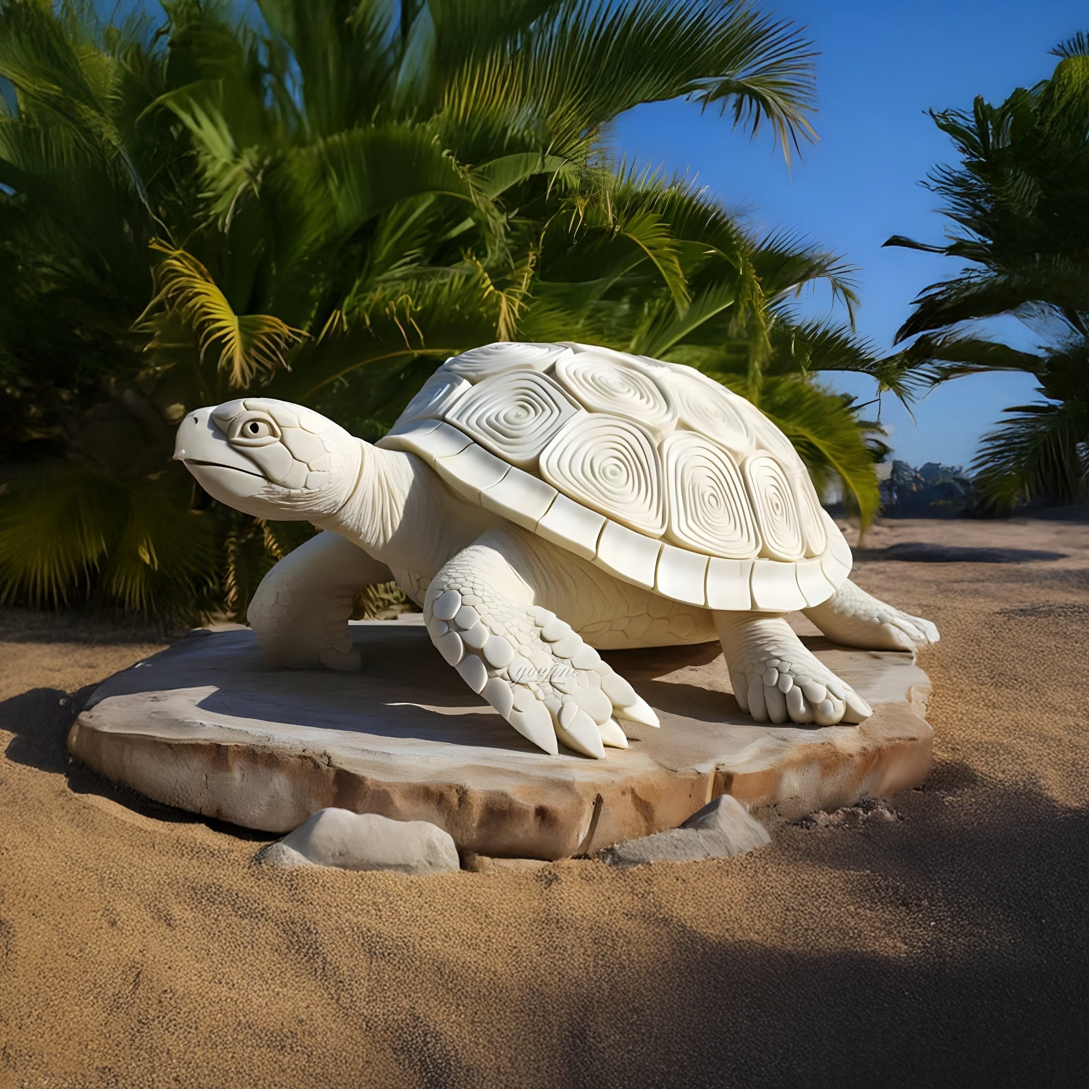 The Giant Sculptures 90cm Swirl-Shell Tortoise Marble Outdoor Sculpture is displayed on sand, encircled by vibrant palm trees beneath a clear blue sky.