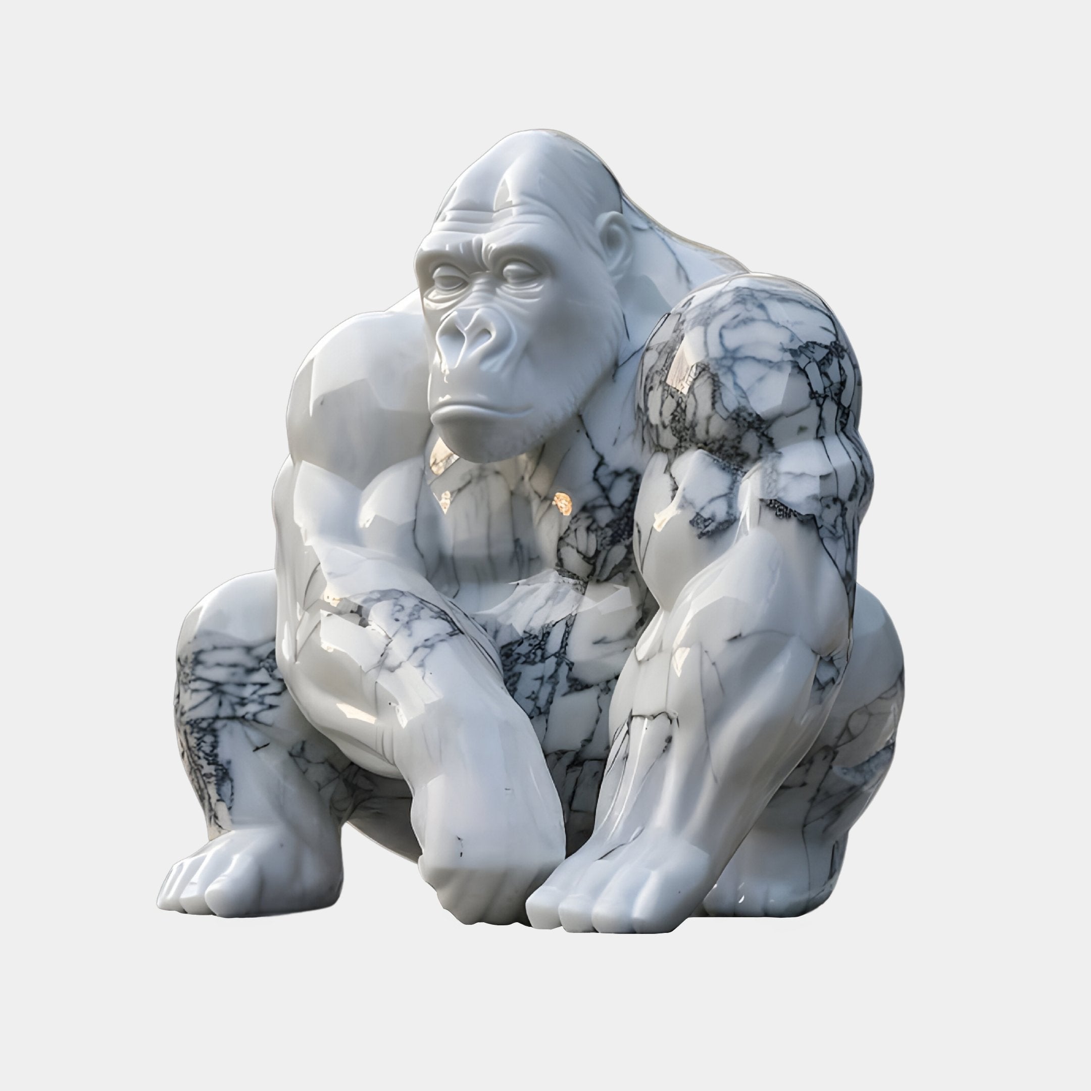 The Giant Sculptures White Veined Gorilla Marble Outdoor Sculpture, standing at 220cm, captures a squatting gorilla with stunning intensity. Its glossy finish and dark gray veins mimic fine marble set against a light, neutral background.