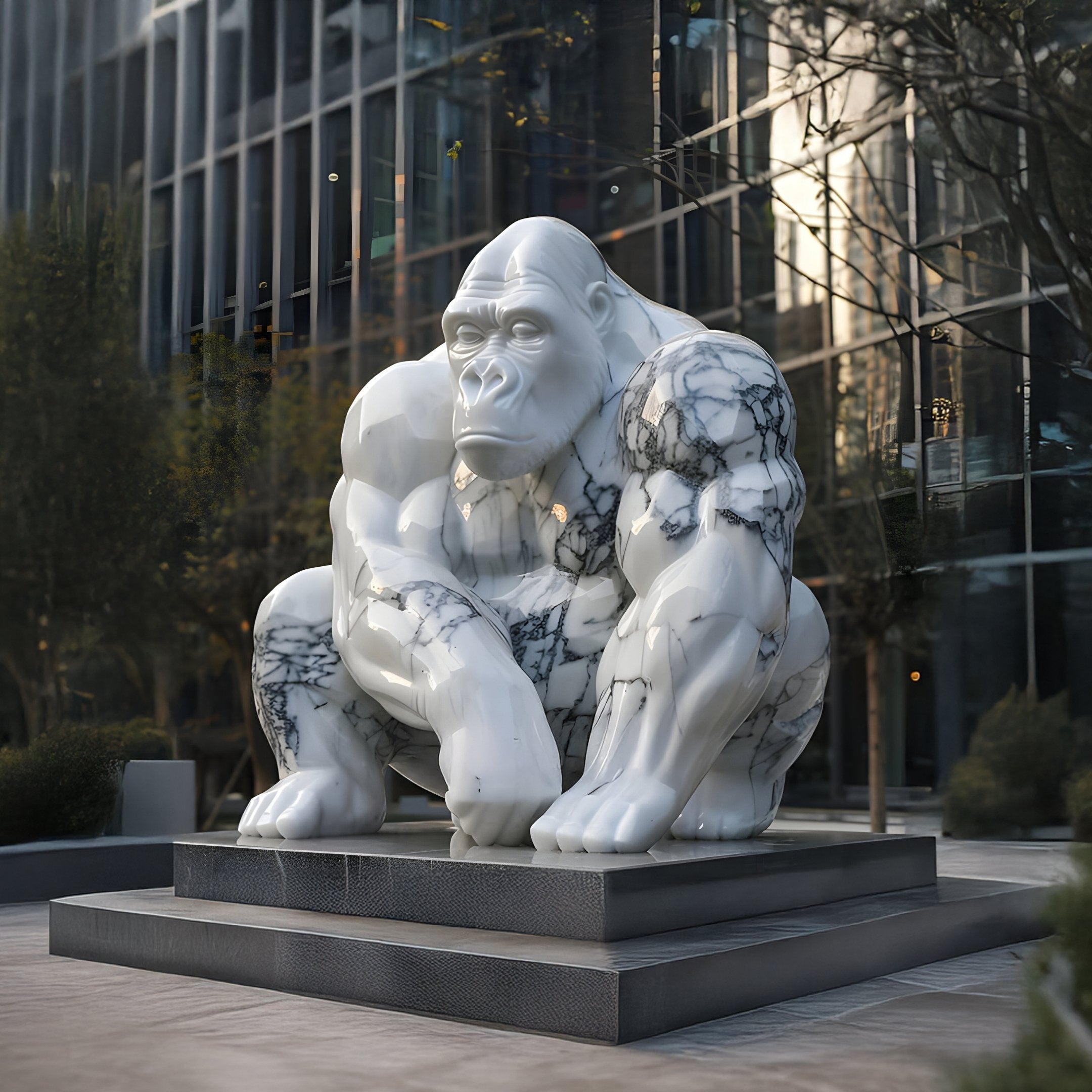 The 220cm White Veined Gorilla Marble Outdoor Sculpture by Giant Sculptures stands on a platform amid modern glass buildings and trees. Its expressive face, suggesting deep contemplation, makes it a striking blend of urban art and nature.