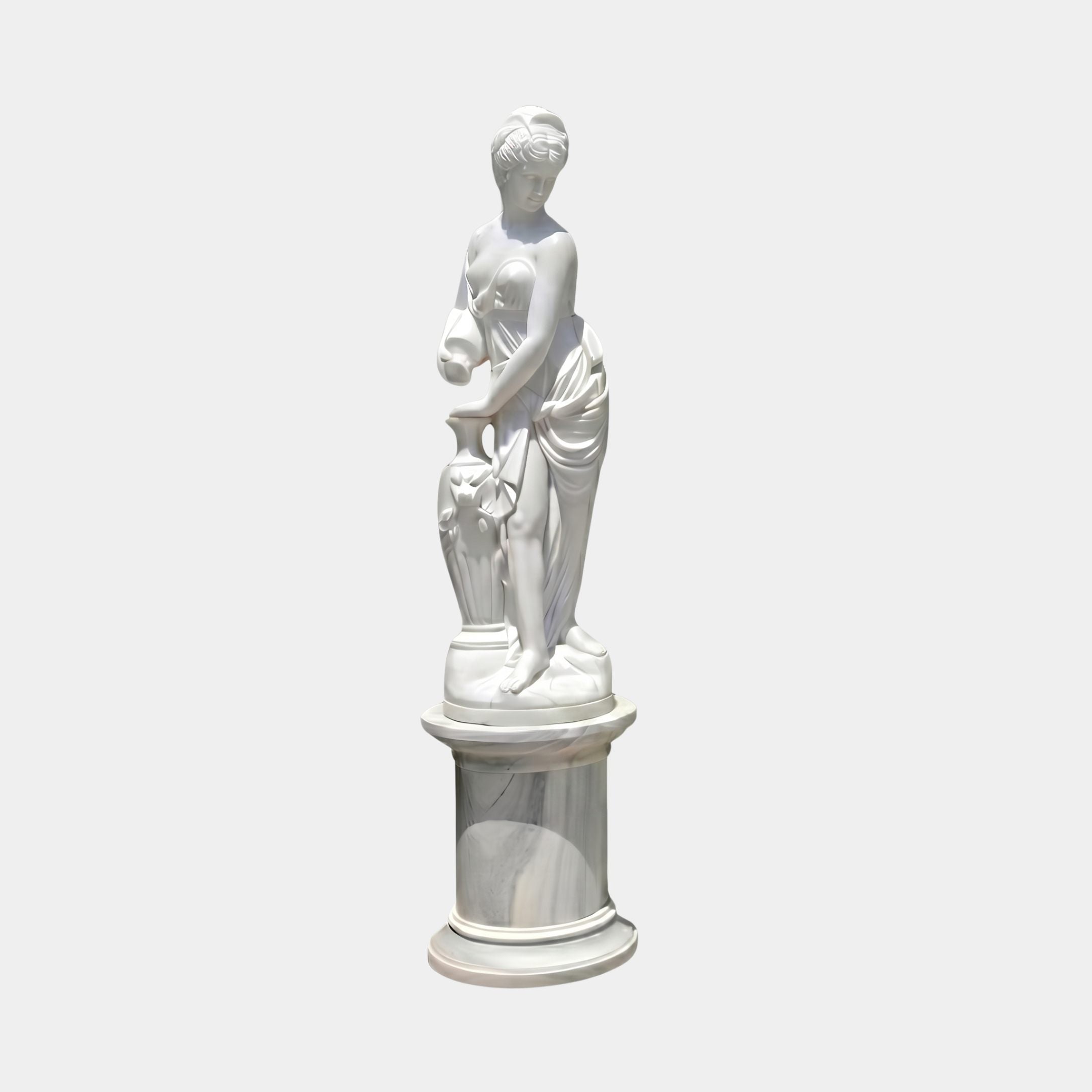 Giant Sculptures' 240cm Female Figure Pedestal Marble Sculpture showing a draped woman pouring from an urn, set on a round marble plinth against a grey background.
