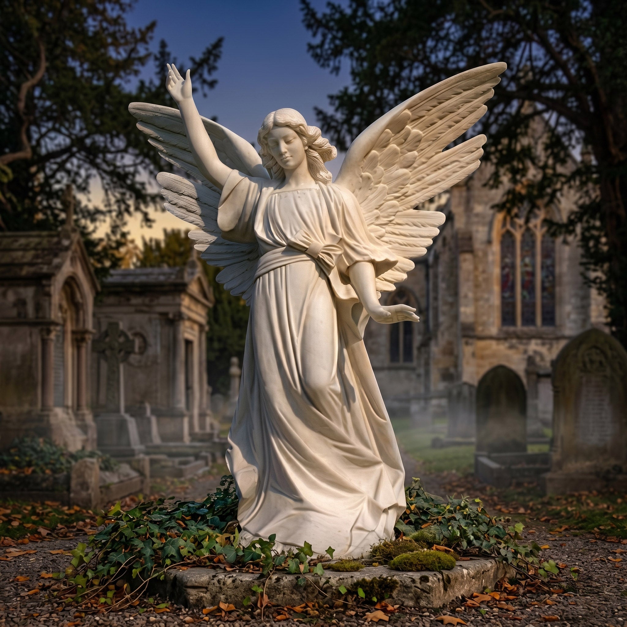 Female Angel Marble Outdoor Sculpture – 180cm by Giant Sculptures, white marble winged angel in flowing robes with one arm raised, set on an ivy-covered base in a churchyard setting.