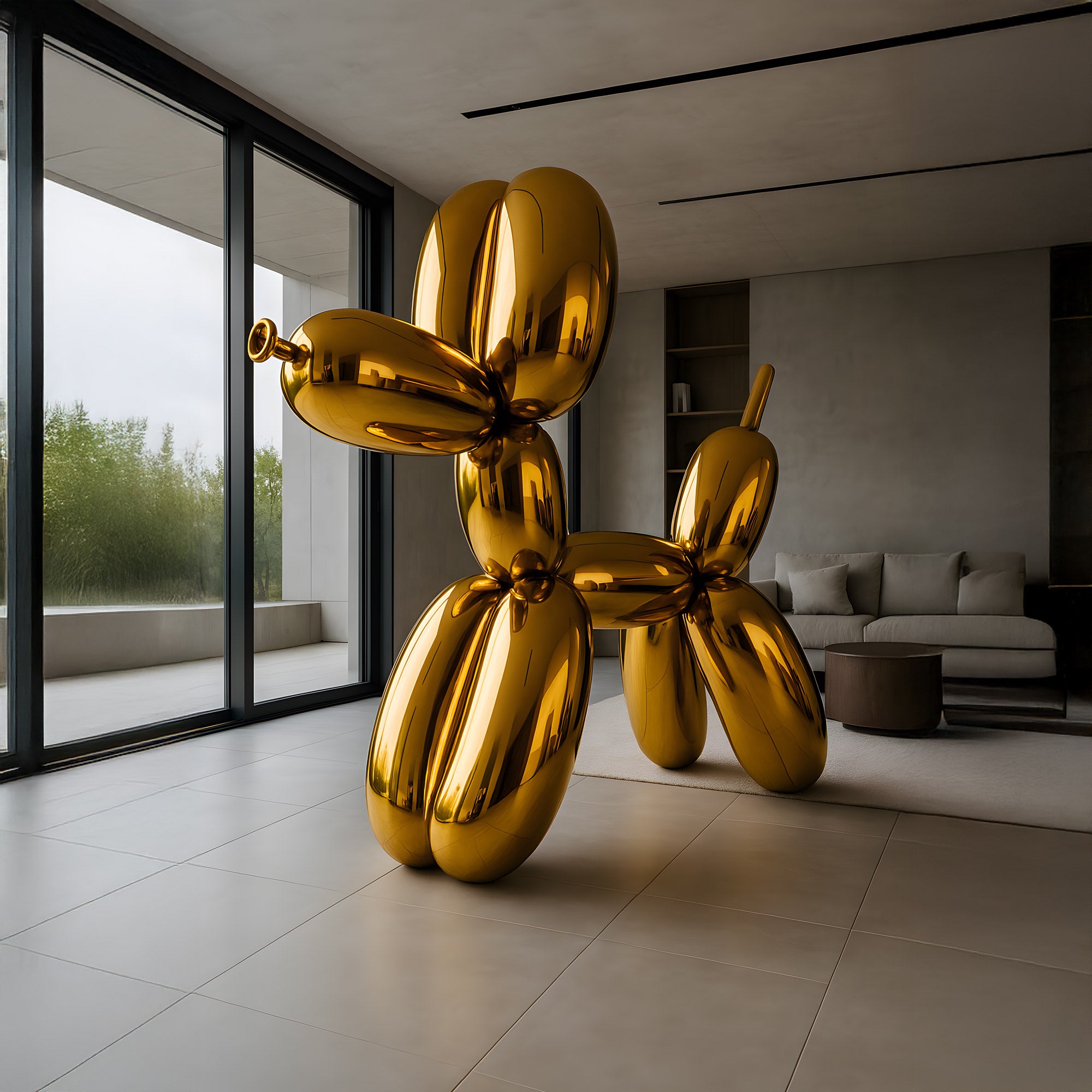 A 200cm Gilded Gold Balloon Dog Sculpture by Giant Sculptures stands out in a modern living room with expansive windows, where its opulent design complements luxury decor, minimalistic furniture, and neutral tones to create a sleek ambiance reminiscent of modern art.