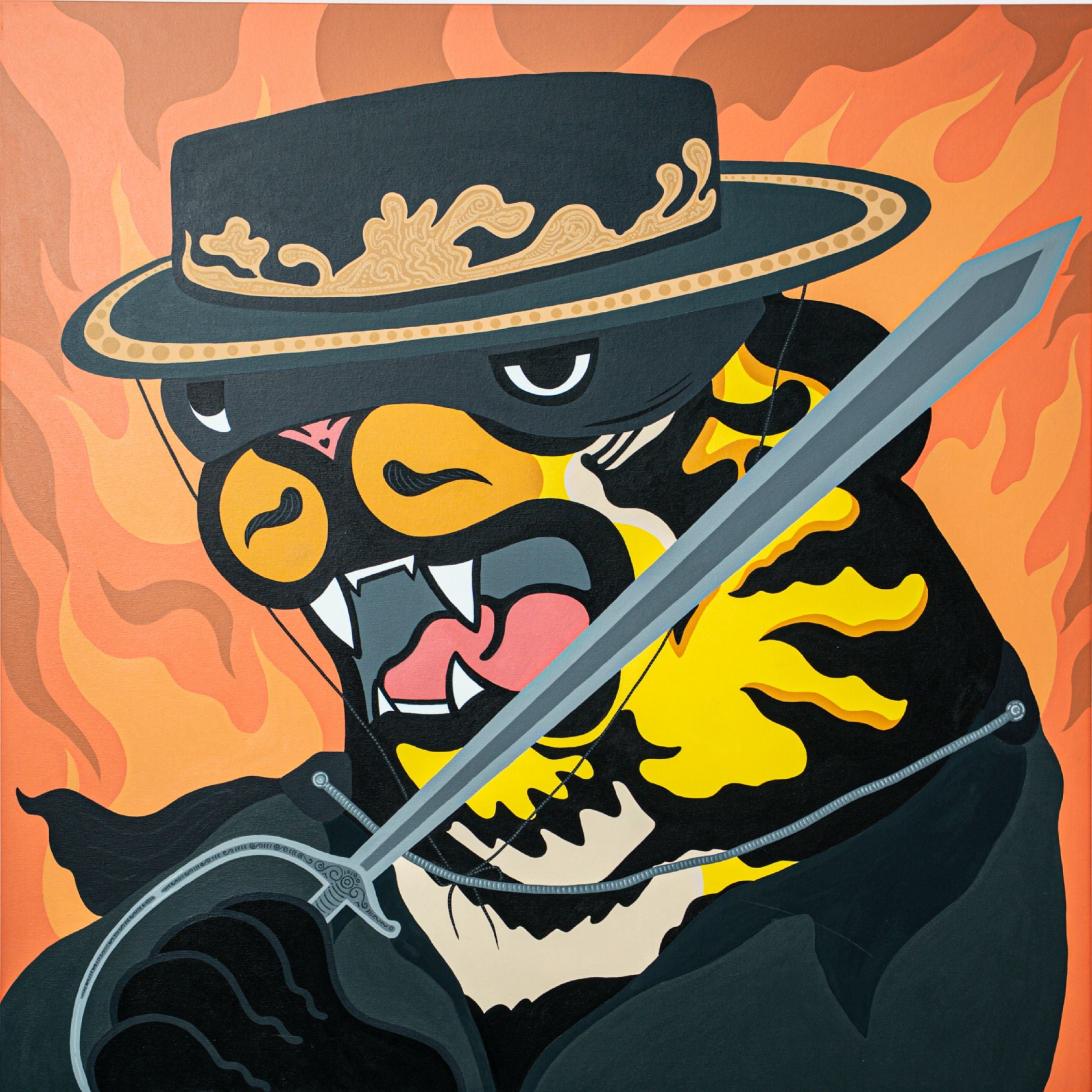 The Zorro Tiger Pop Art Canvas Painting by Giant Sculptures showcases a fierce tiger in a black hat and cloak with a sword before orange flames—an ideal modern artwork for bold, contemporary spaces.