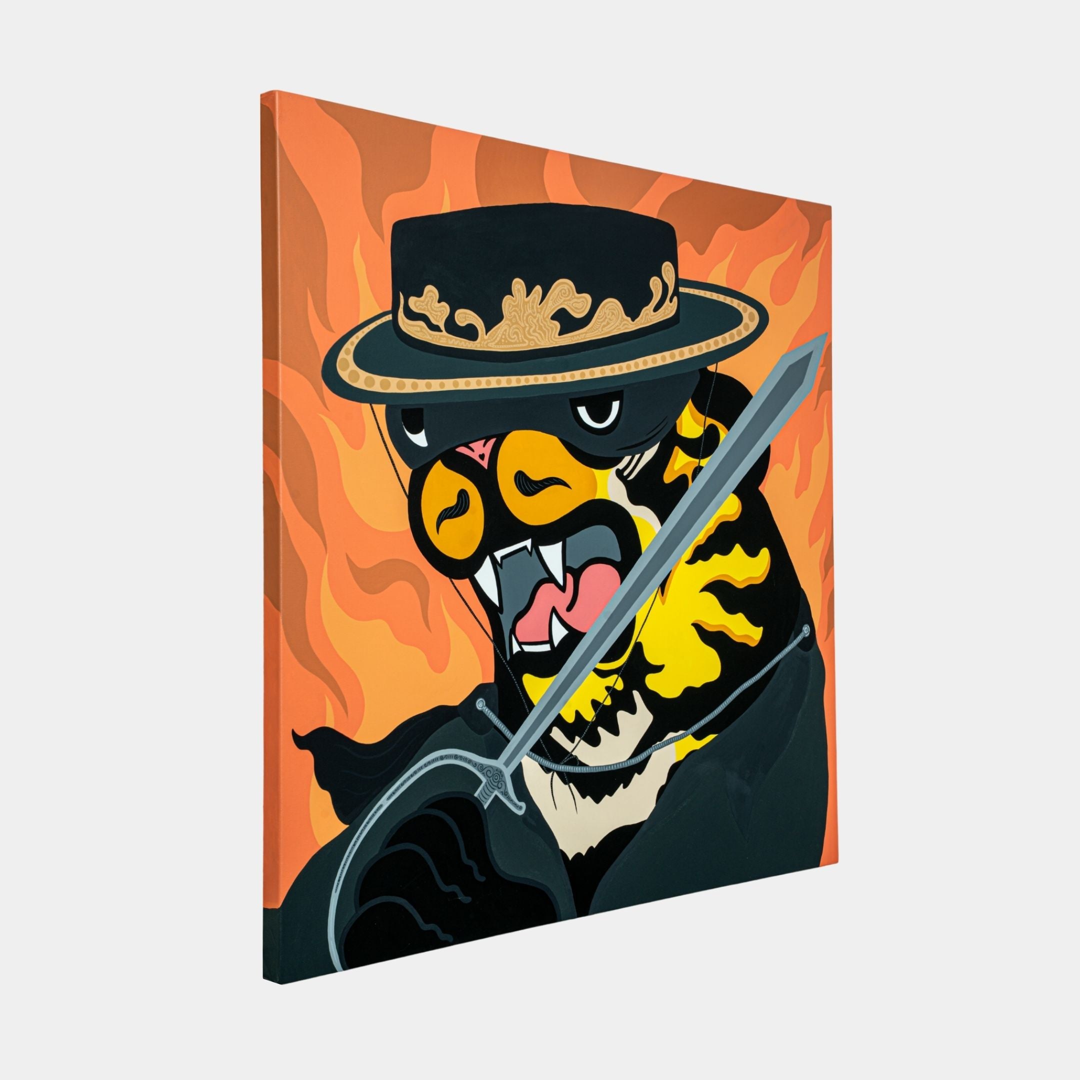 The Zorro Tiger Pop Art Canvas Painting by Giant Sculptures showcases a bold, cartoon-like black and yellow tiger in a decorative hat, holding a sword amid orange flames—a striking piece of modern design.