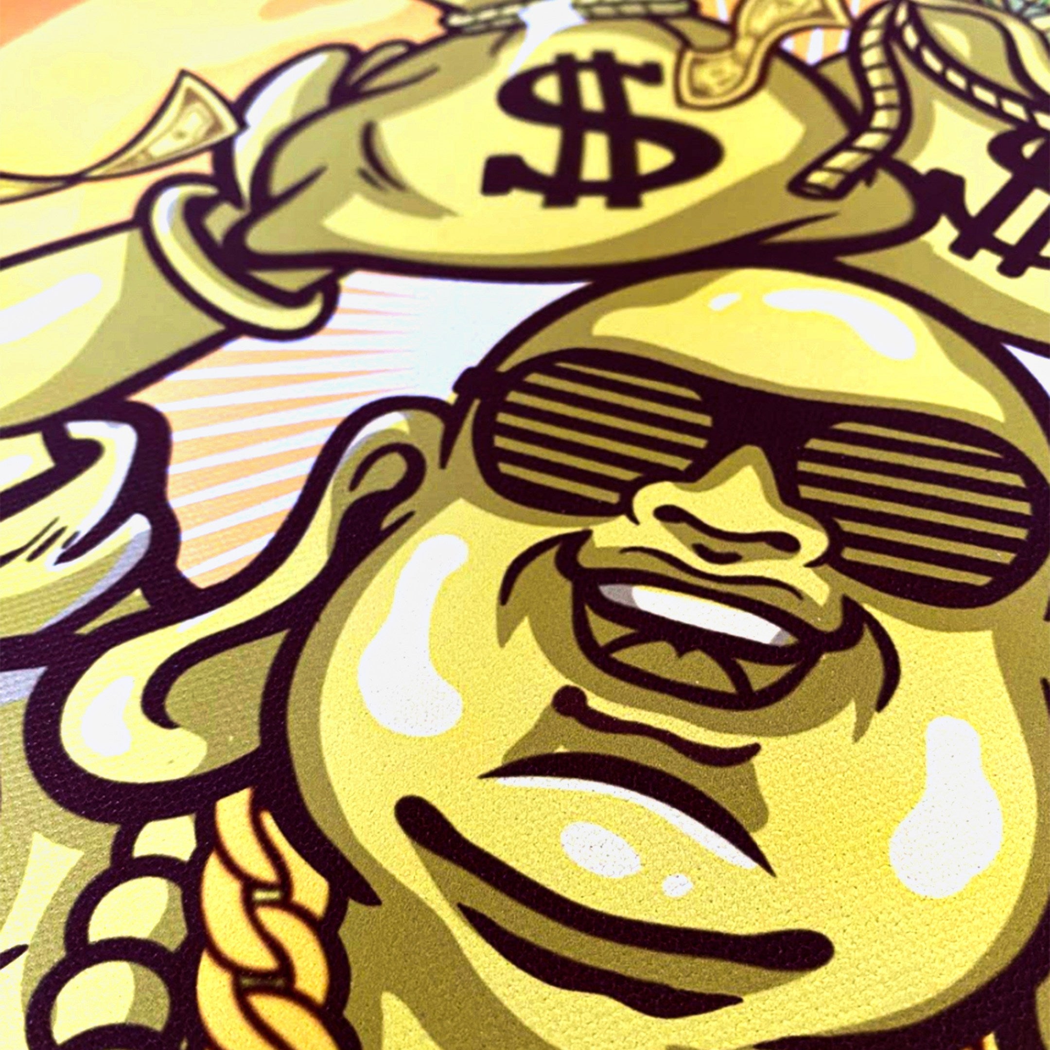 Filthy Rich Canvas Wall Art by Giant Sculptures features a bald cartoon character with street style, shutter shades, and gold chain holding a money bag as dollar bills float around—ideal for digital print or stylish decor.