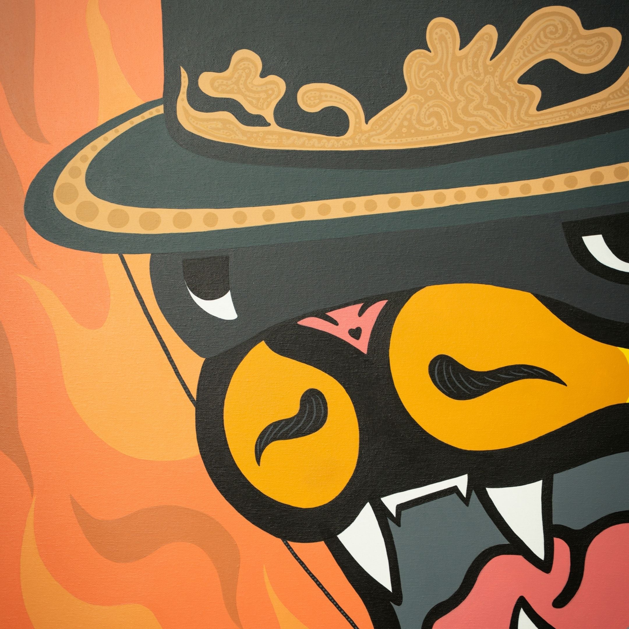 The Zorro Tiger Pop Art Canvas Painting by Giant Sculptures features a bold modern design with a stylized, fierce tiger in a decorated hat, orange flames, and exaggerated Pop Art details like sharp white fangs and a bright yellow nose.