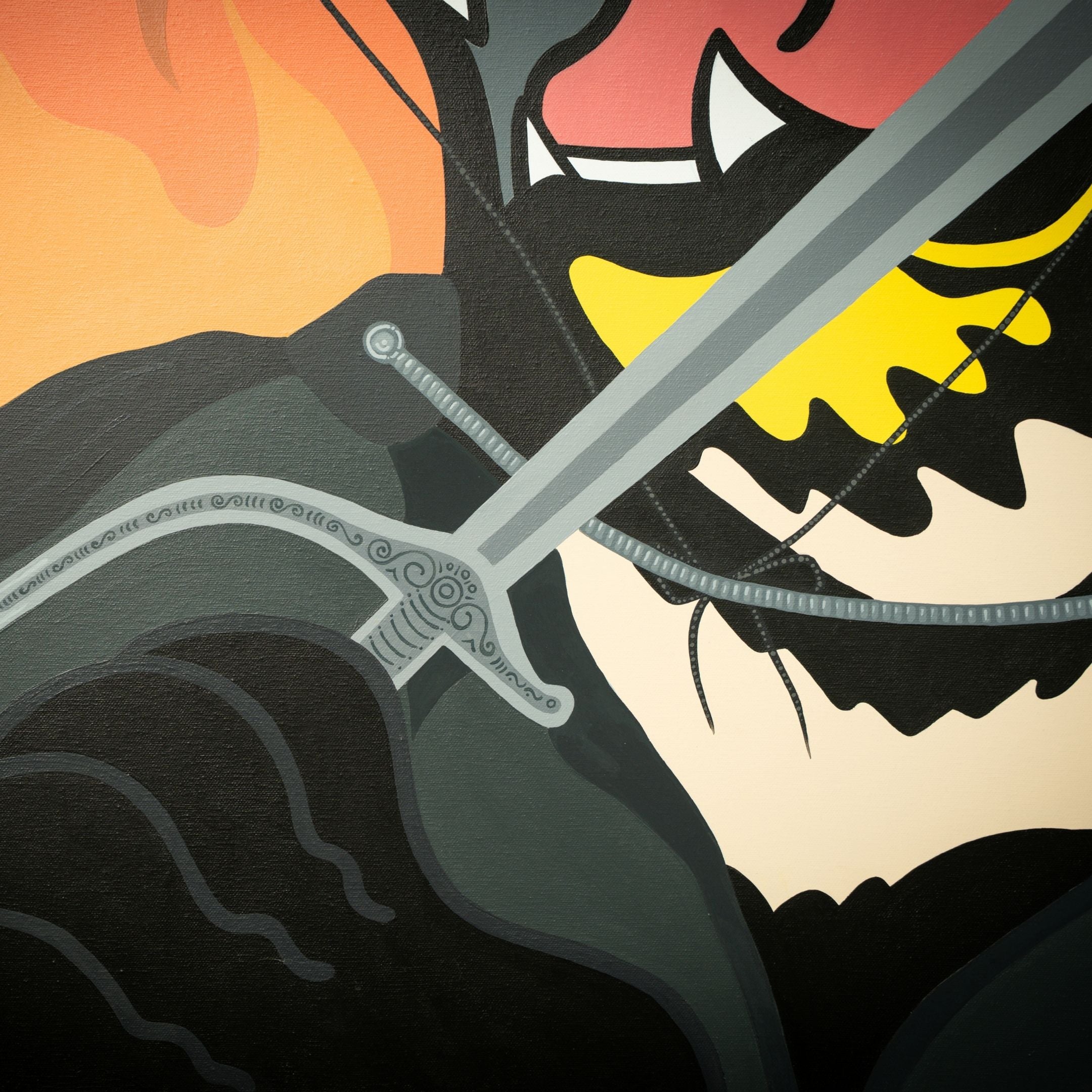 The Zorro Tiger Pop Art Canvas Painting from Giant Sculptures features a masked figure with a striking sword amid bold black, yellow, orange, and red tones—capturing dramatic modern design in vivid pop art style.