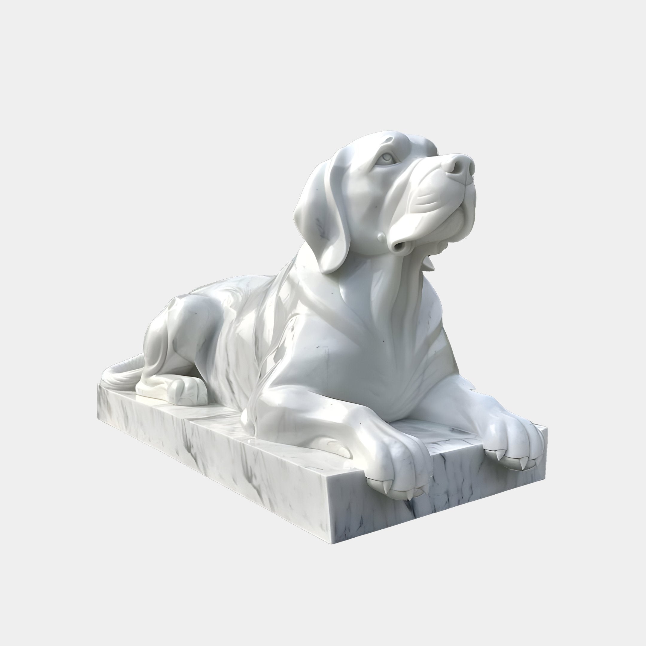 The Attentive Lying Dog Marble Outdoor Sculpture by Giant Sculptures, measuring 90cm, portrays a serene dog with outstretched paws on a rectangular base, ideal for outdoor display.