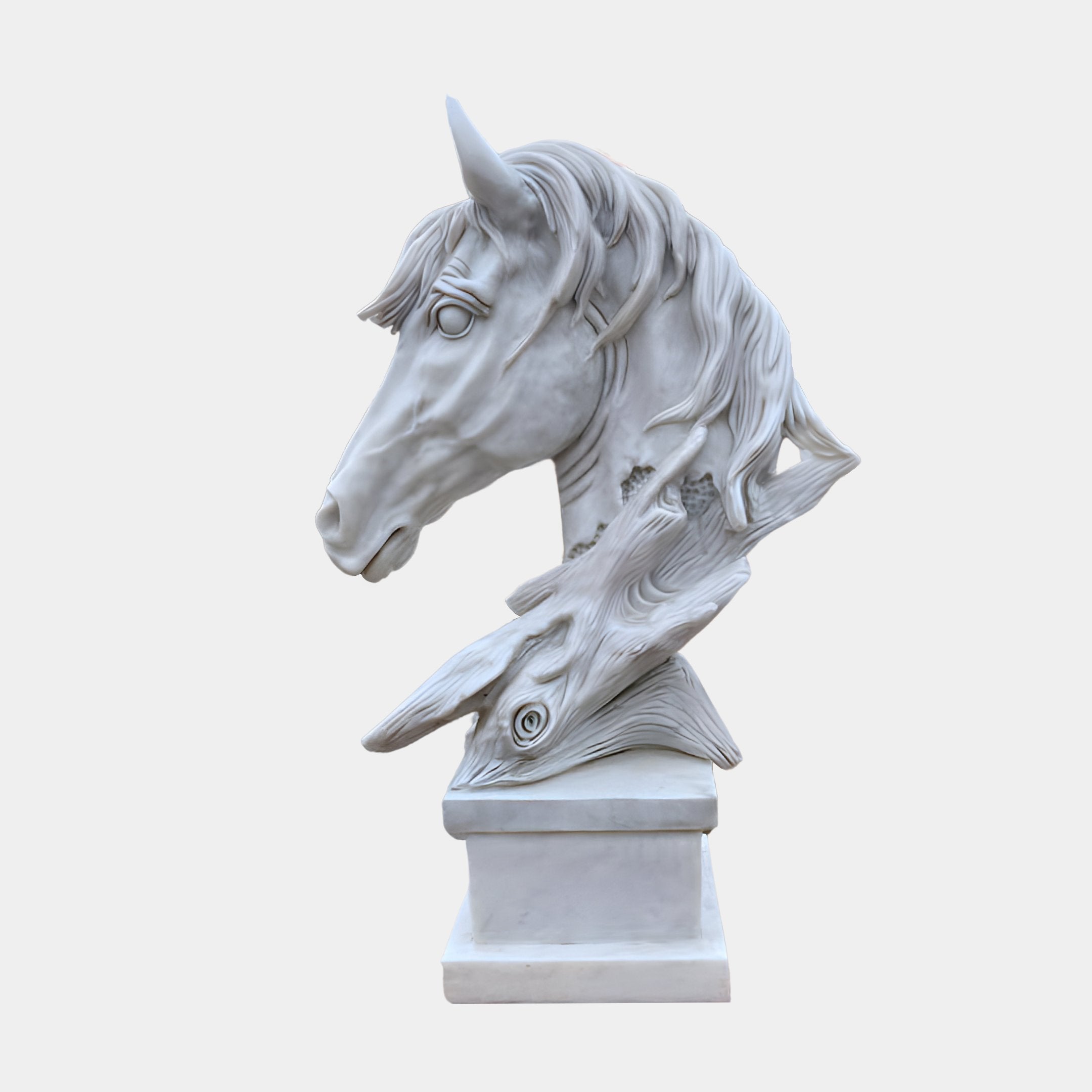 The Dynamic Horse Head Marble Outdoor Sculpture - 100cm by Giant Sculptures features a horse head intertwined with wood textures, elegantly mounted on a square pedestal. Its design blends realistic and abstract elements, offering a unique fusion of nature and art.