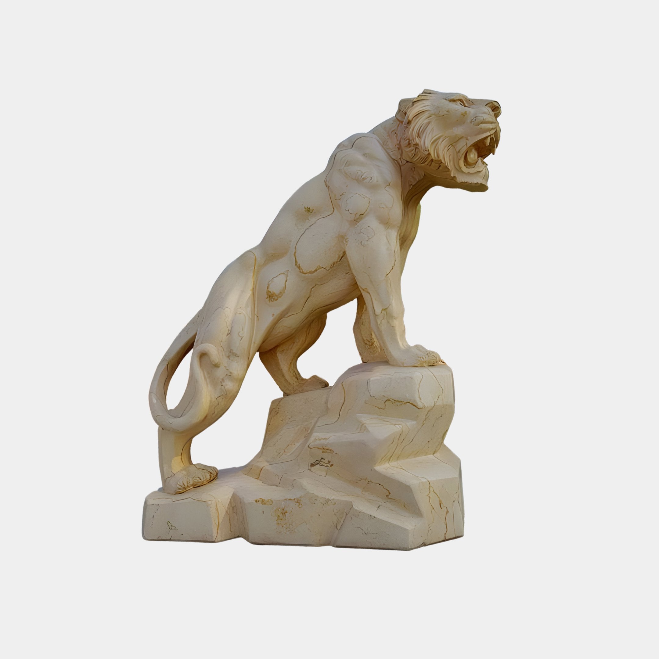 The Roaring Rock Tiger Yellow Marble Outdoor Sculpture by Giant Sculptures features an expressive lion on a rocky base, crafted from yellow marble. Perfect for outdoors, it captures the lion in a powerful stance against a plain, light-toned background. Height: 150cm.