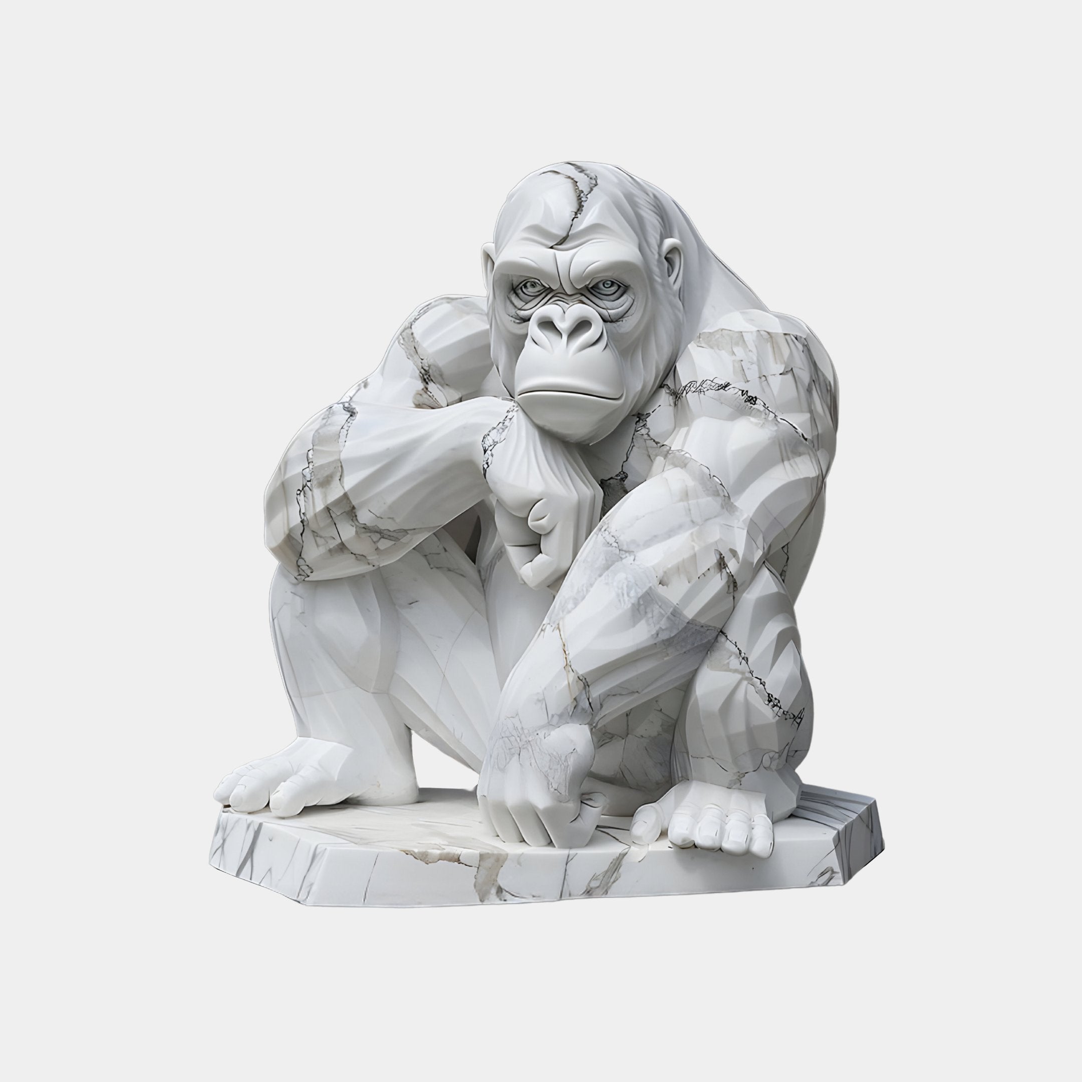 Giant Sculptures White Veined Gorilla Marble Outdoor Sculpture features a crouching pose on a hexagonal base, intricately hand-carved with detailed facial expressions and muscle contours in gray and white marbled patterns. Ideal for outdoor display, it stands at 150 cm tall.