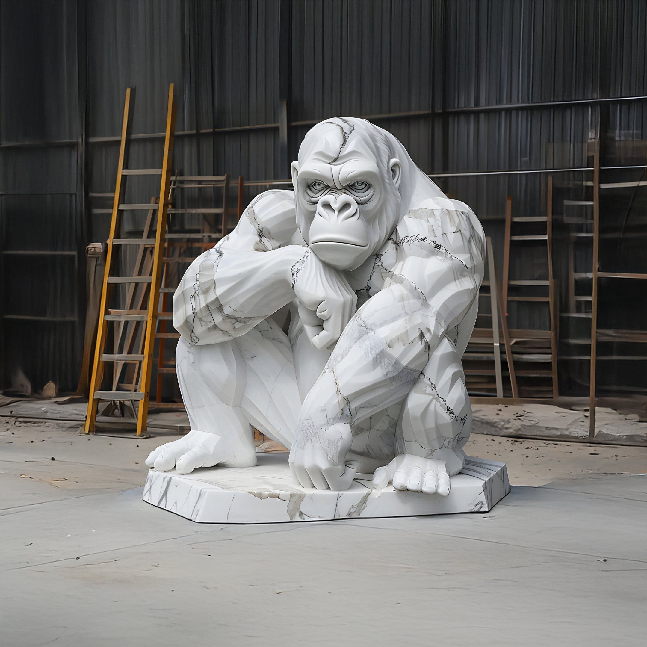 The White Veined Gorilla Marble Outdoor Sculpture by Giant Sculptures, standing at 150cm, features a large hand-carved gorilla with a baby under its arm. Set in an industrial scene with ladders and shelves, this intricately veined piece makes for a striking outdoor display.