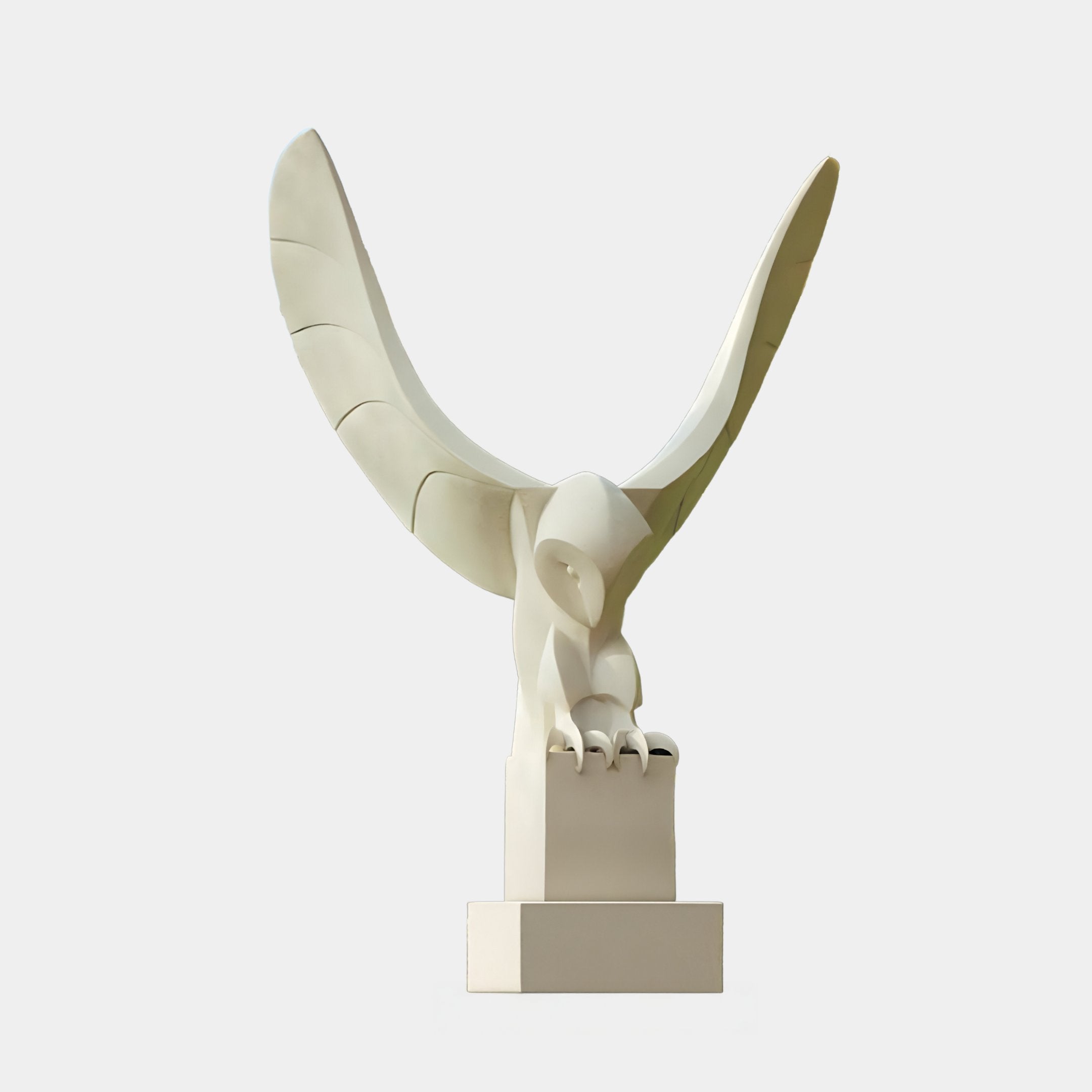 The Swooping Arc Owl Marble Outdoor Sculpture by Giant Sculptures is a 120cm minimalist piece featuring an owl with stylized, wide-spread wings on a simple rectangular base, ideal as a striking garden focal point against a plain gray background.