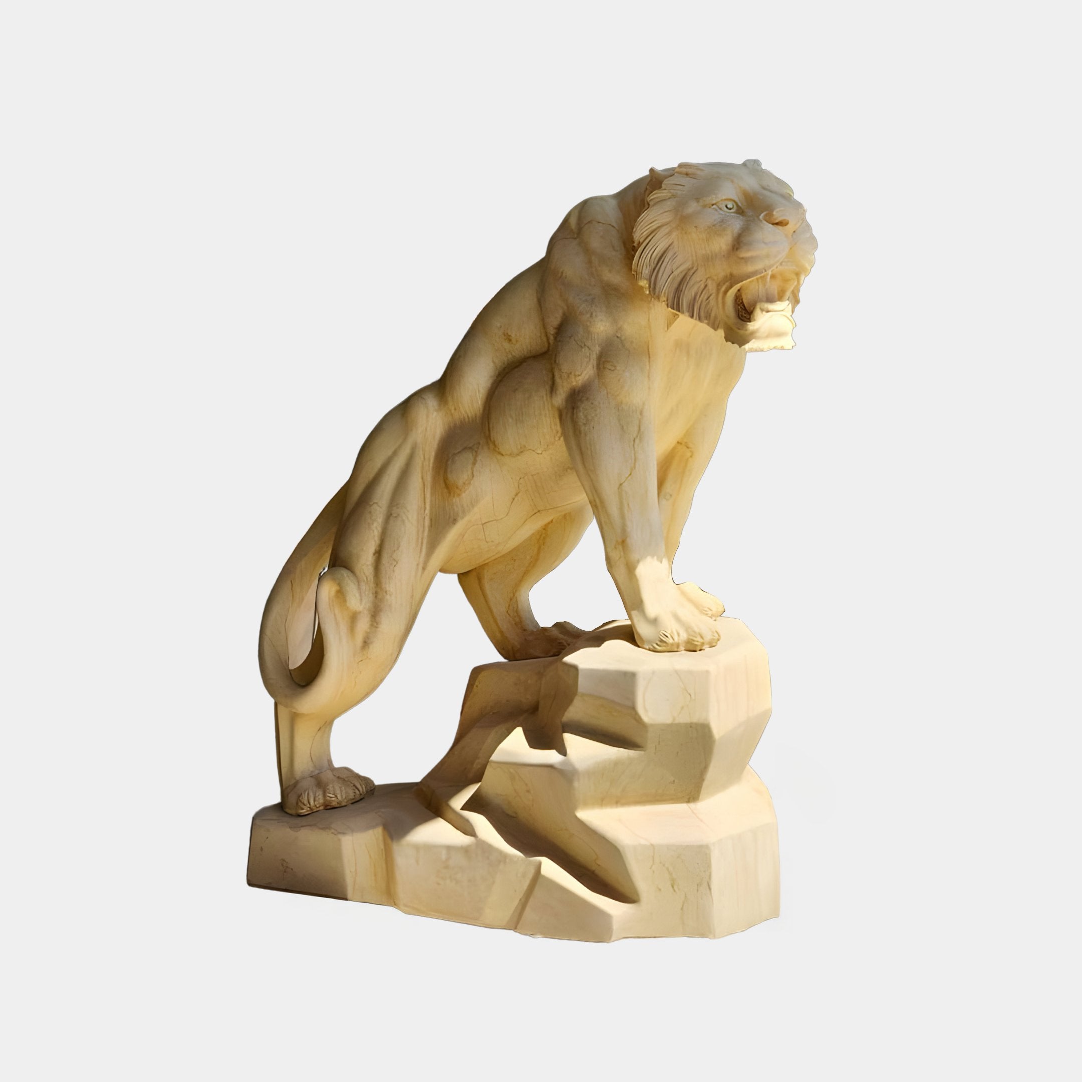 The Summit Roar Tiger Yellow Marble Outdoor Sculpture by Giant Sculptures features a 150cm detailed stone lion, hand-carved on a rock with an open mouth, highlighting its fierce expression against a plain, light background.
