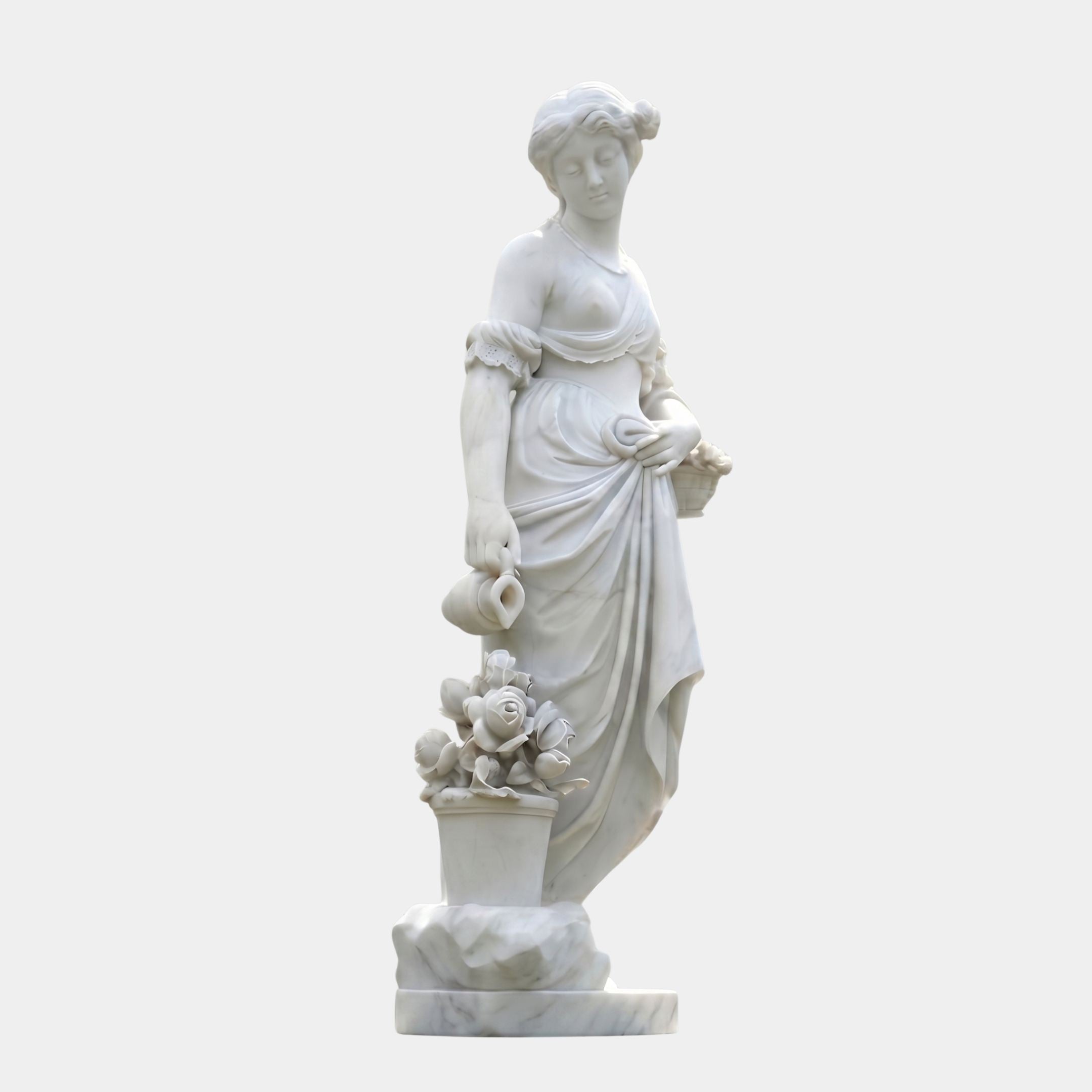 Flora Goddess of Spring Marble Sculpture 160cm by Giant Sculptures, depicting a robed woman holding a basket and jug beside a flower pot, on plain background.