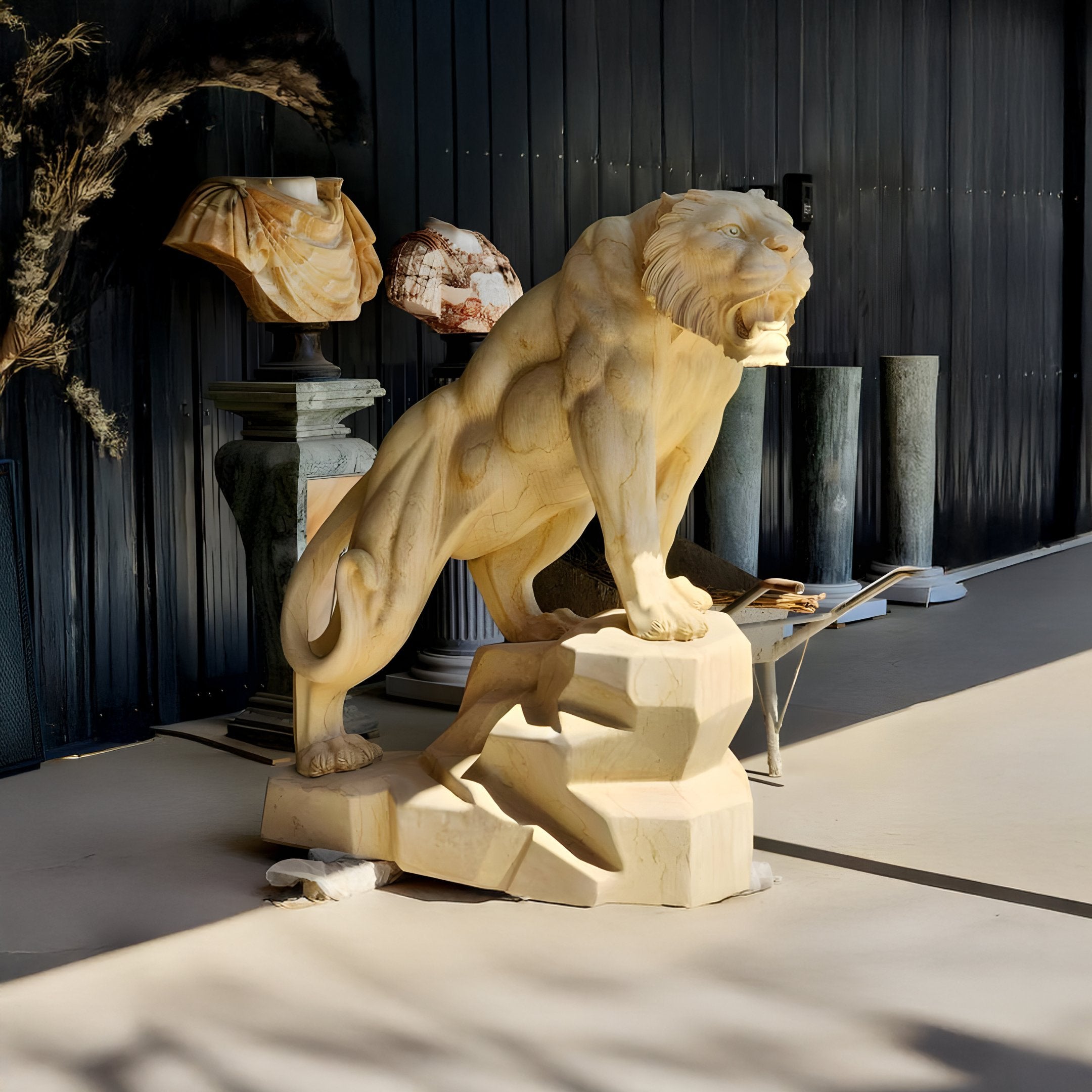 The Summit Roar Tiger sculpture by Giant Sculptures, made from yellow marble and standing 150cm tall, features intricate details on a rocky base. Positioned indoors next to a dark wall with art pieces around it, gentle sunlight enhances the ambiance with soft shadows.