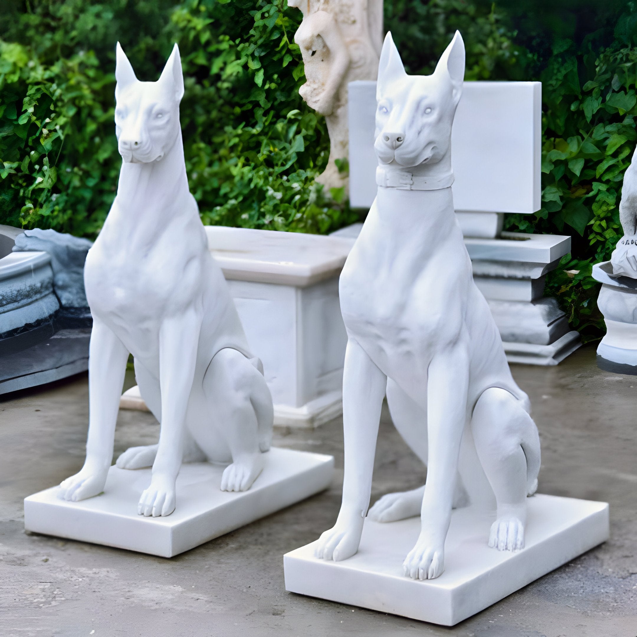 Two Giant Sculptures Vigilant Guardian Dog marble statues, featuring exquisite hand-carved detailing, sit outdoors amidst lush greenery and other sculptures. Each white seated dog displays pointed ears and muscular bodies atop rectangular bases.
