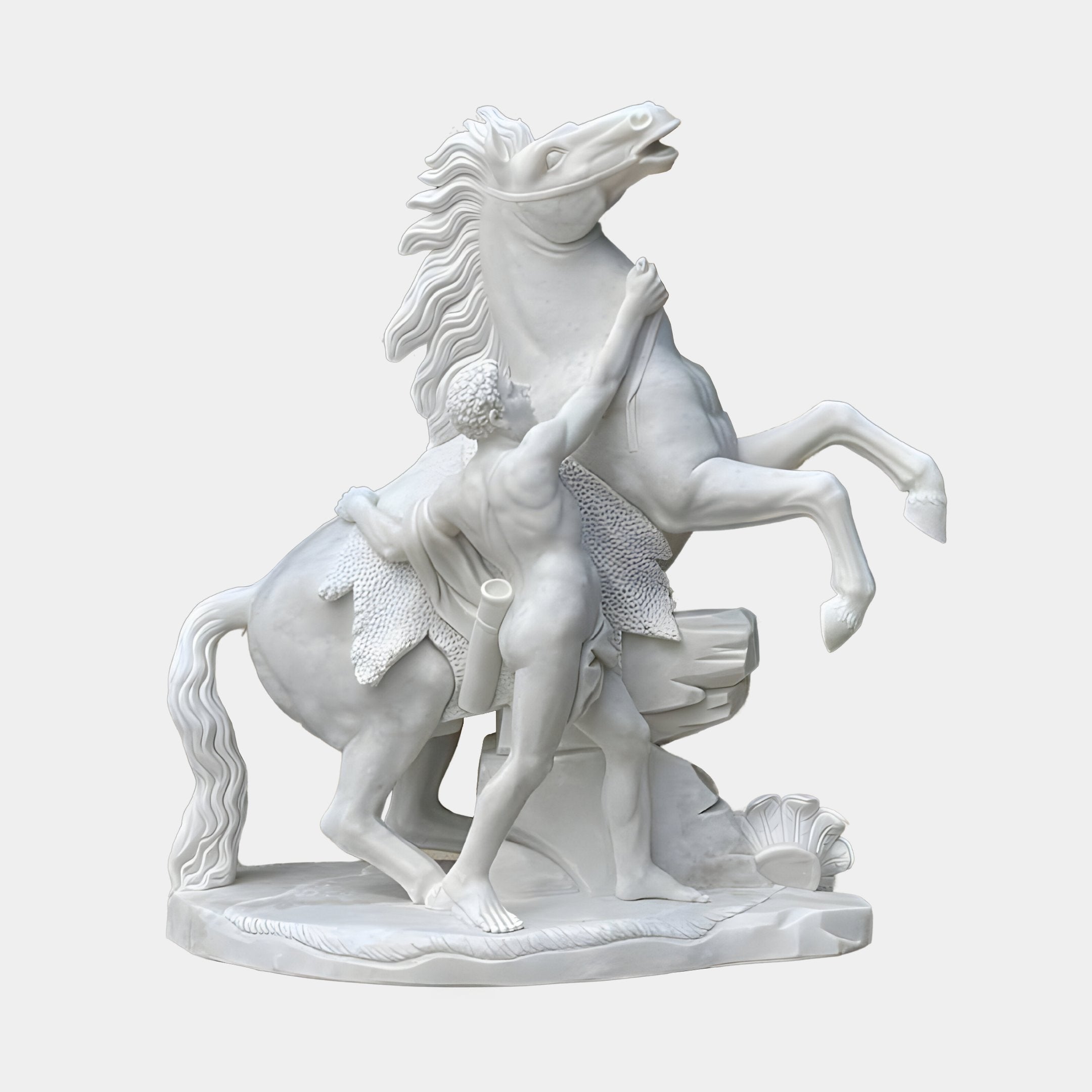 The Tamed Stallion Horse Marble Outdoor Sculpture (260cm) by Giant Sculptures features a hand-carved depiction of a muscular, naked man controlling a rearing horse. The detailed scene captures movement and tension, with intricate details in the mane and physique on a base adorned with stylized waves.