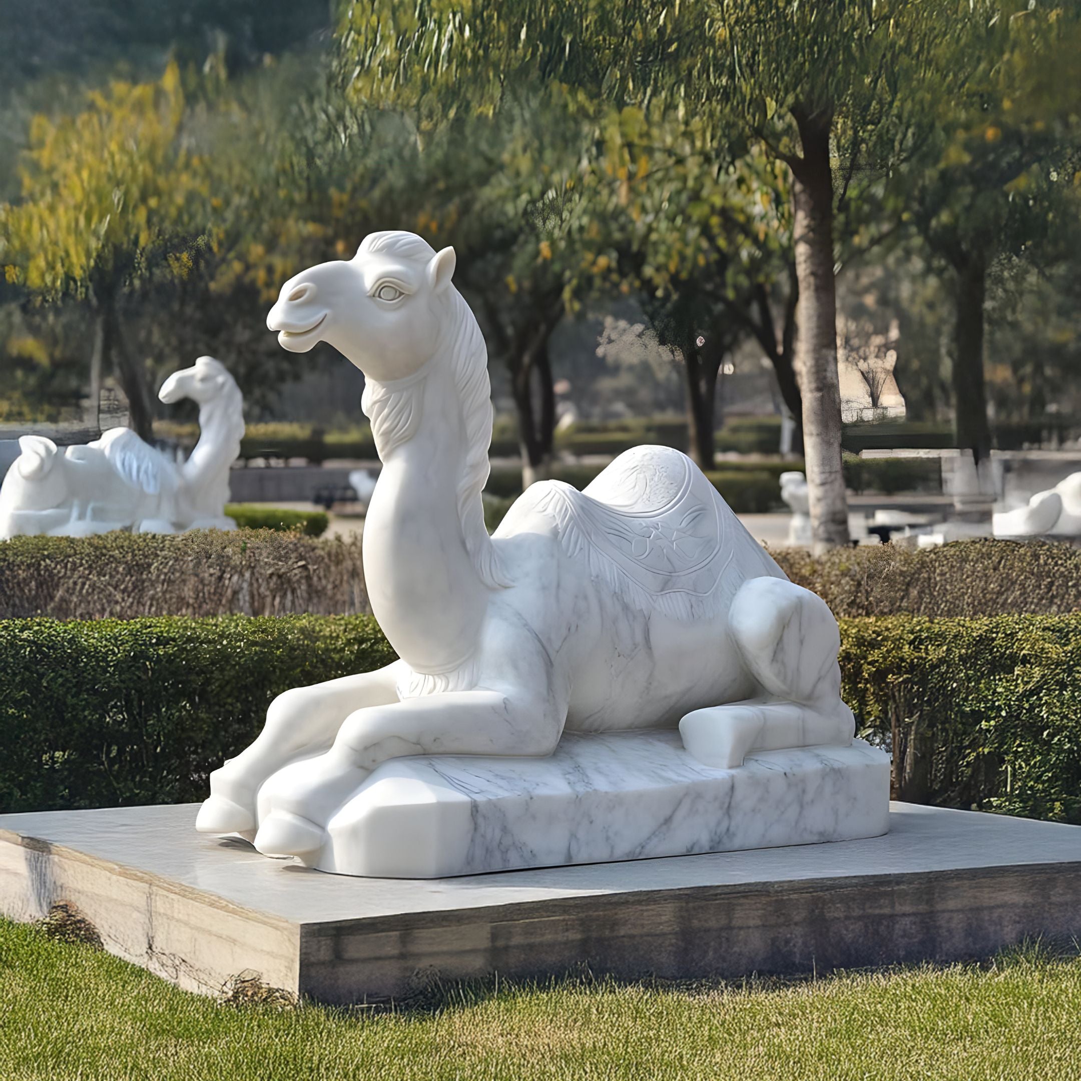 The garden features a 150cm Ornate Lying Camel Marble Outdoor Sculpture by Giant Sculptures, showcasing intricate carvings on its body and head. In the background, a similar sculpture among trimmed bushes adds to the desert heritage ambiance.