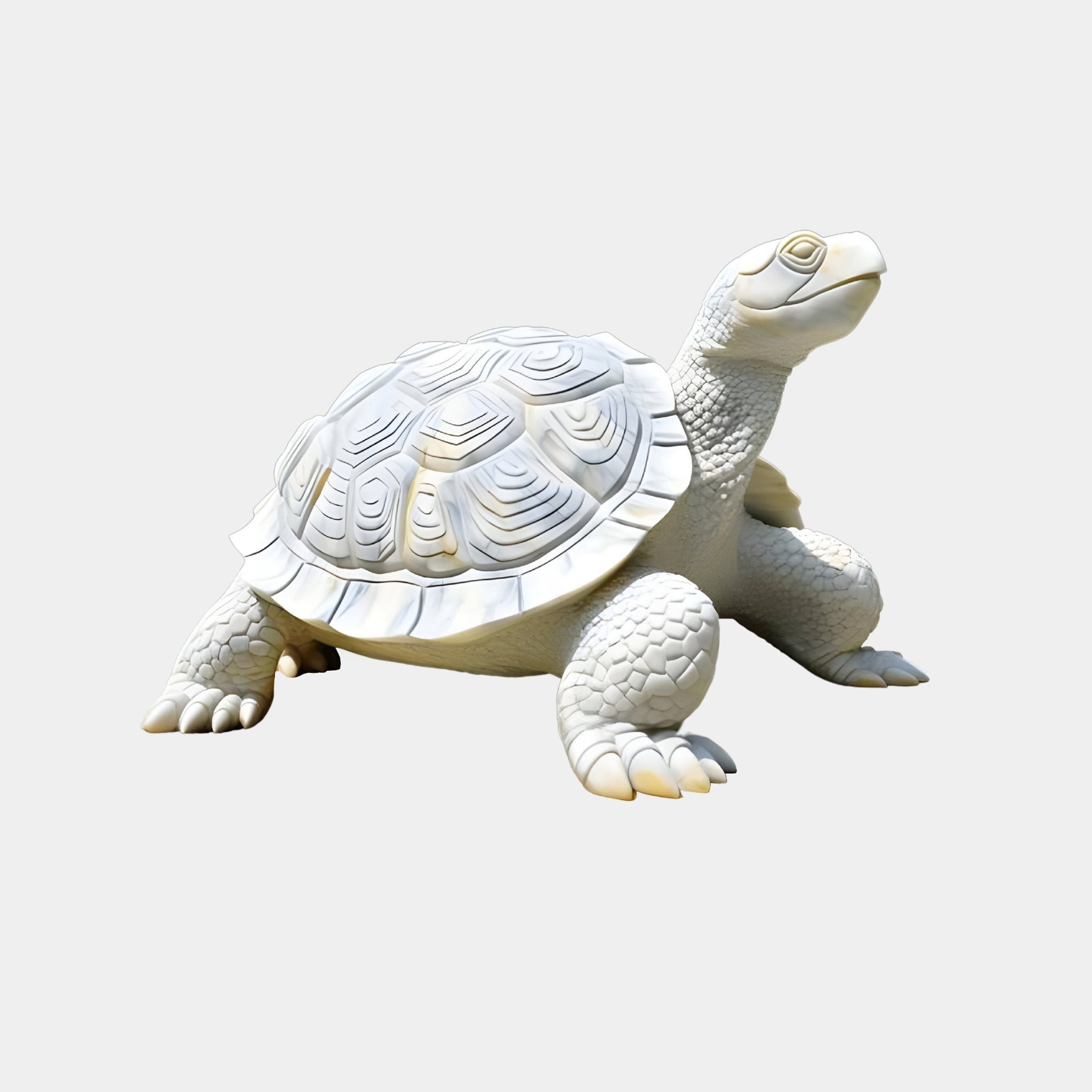 The Patterned Shell Tortoise Marble Outdoor Sculpture by Giant Sculptures is a 90cm, lifelike masterpiece crafted from smooth white marble. It boasts intricate shell patterns and textured skin, offering a tranquil presence against a light gray background.