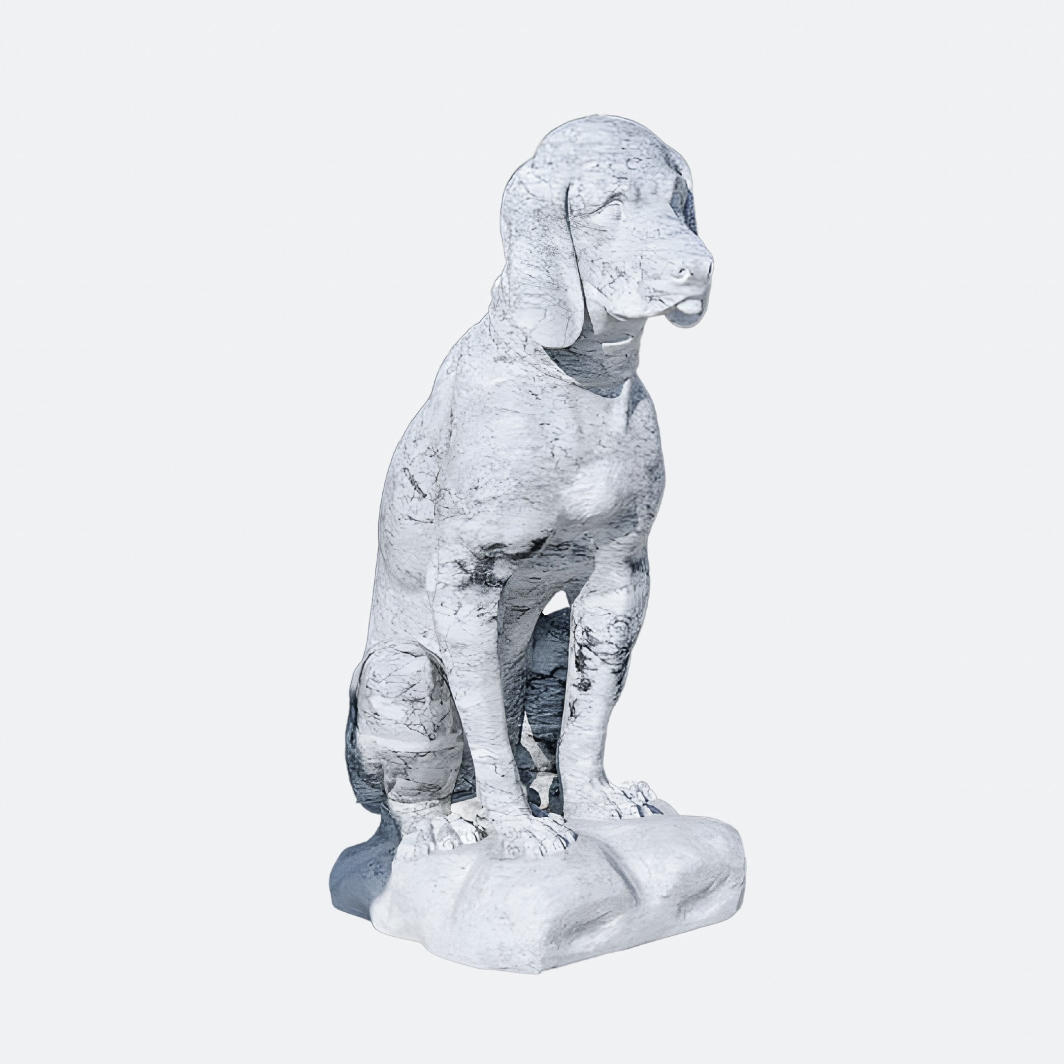 The Watchful Hound Dog Marble Outdoor Sculpture - 100cm by Giant Sculptures features a lifelike sitting hound with detailed fur textures and a calm expression, positioned on a square base.