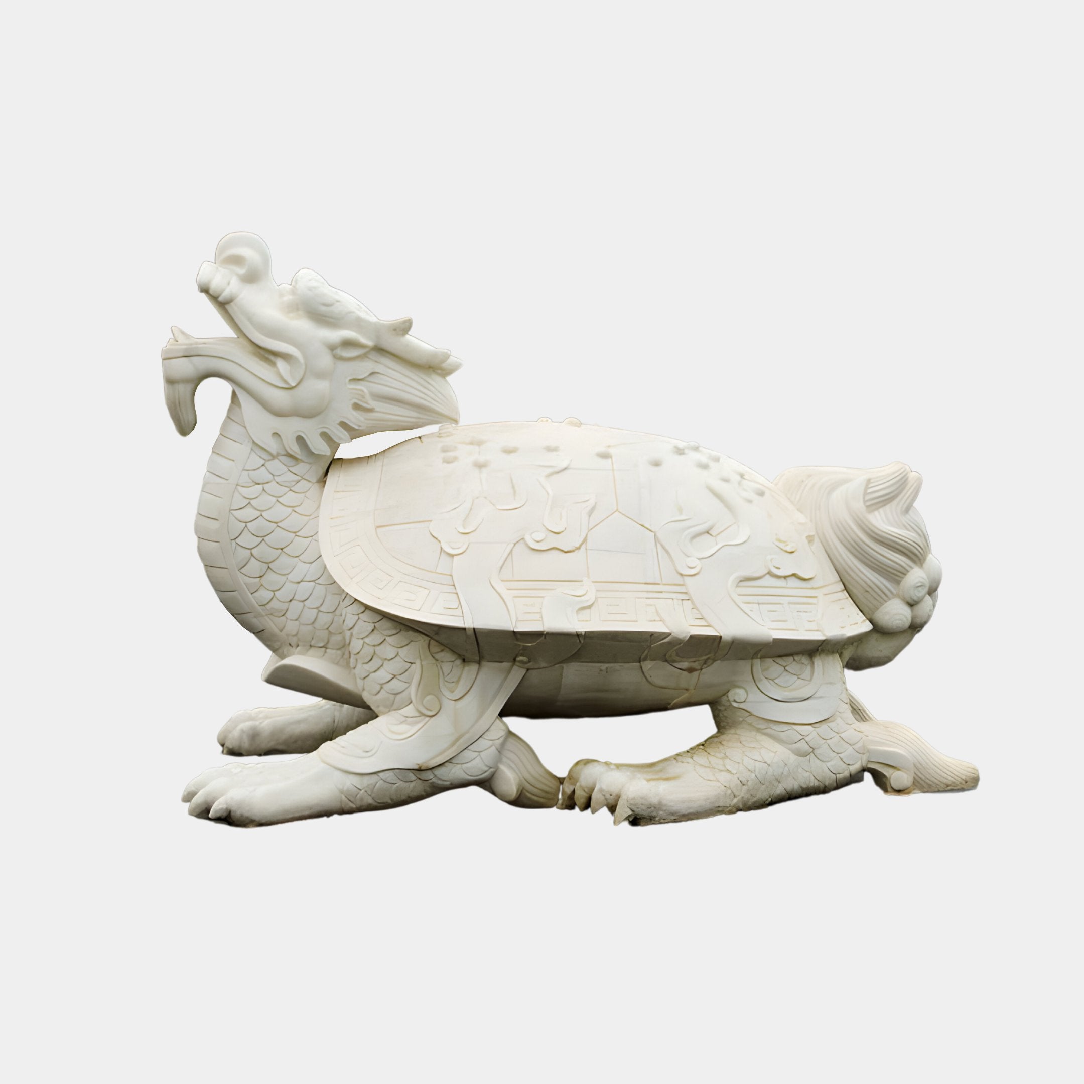 The Giant Sculptures Chinese Guardian Dragon Marble Outdoor Sculpture (80cm) is a hand-carved white marble piece featuring a mythical creature with a turtles body and dragons head. Intricate patterns against a plain backdrop make it perfect for outdoor elegance and mystique.