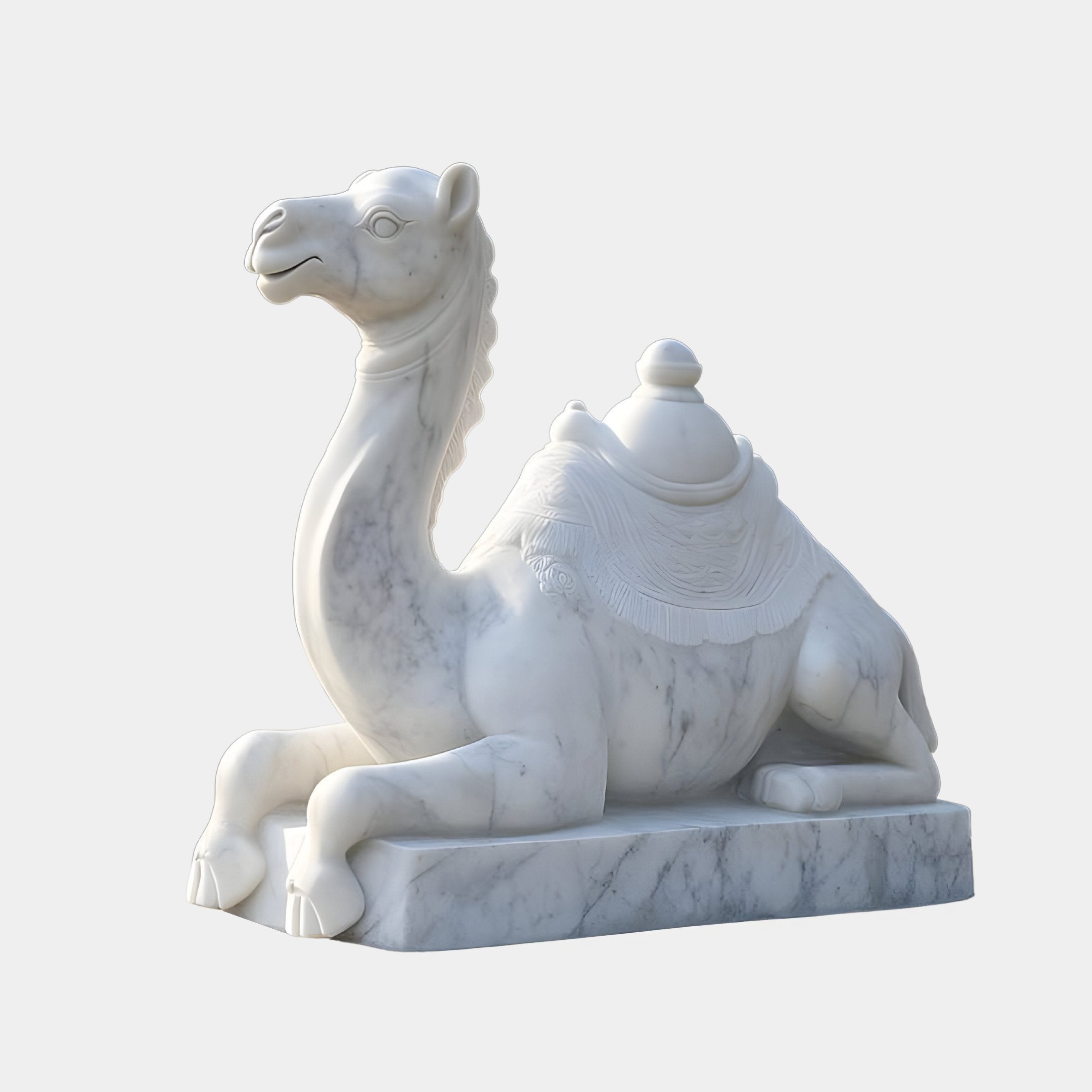 The Ornate Saddled Camel Marble Outdoor Sculpture by Giant Sculptures is a 150cm white marble piece, intricately detailed and seated against a light gray background, making it ideal for adding elegance to any garden setting.