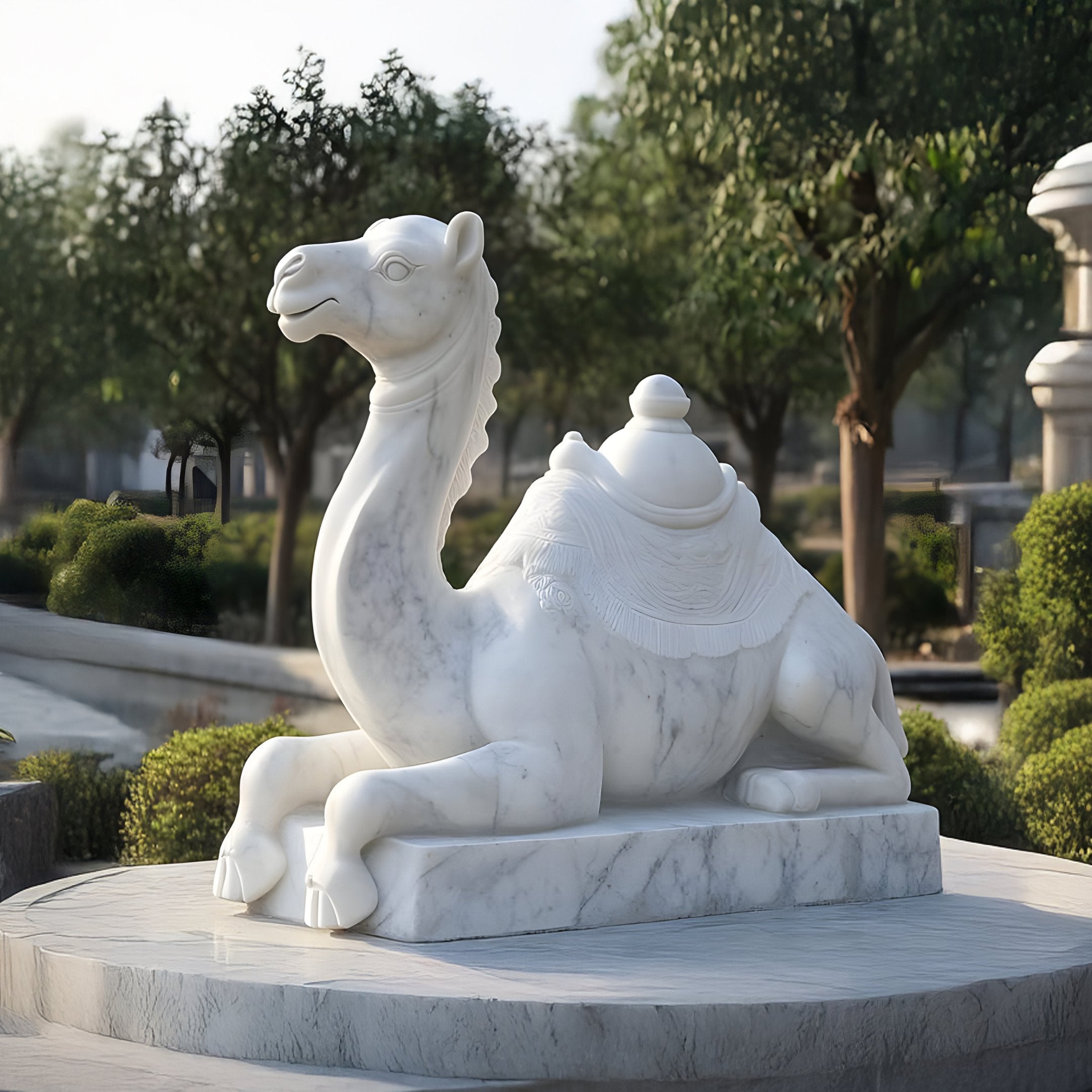 The Giant Sculptures Ornate Saddled Camel Marble Outdoor Sculpture - 150cm is a white marble piece featuring detailed carvings and a peaceful expression. Perfect for garden decor, it sits on a pedestal amidst greenery, highlighted by soft lighting.