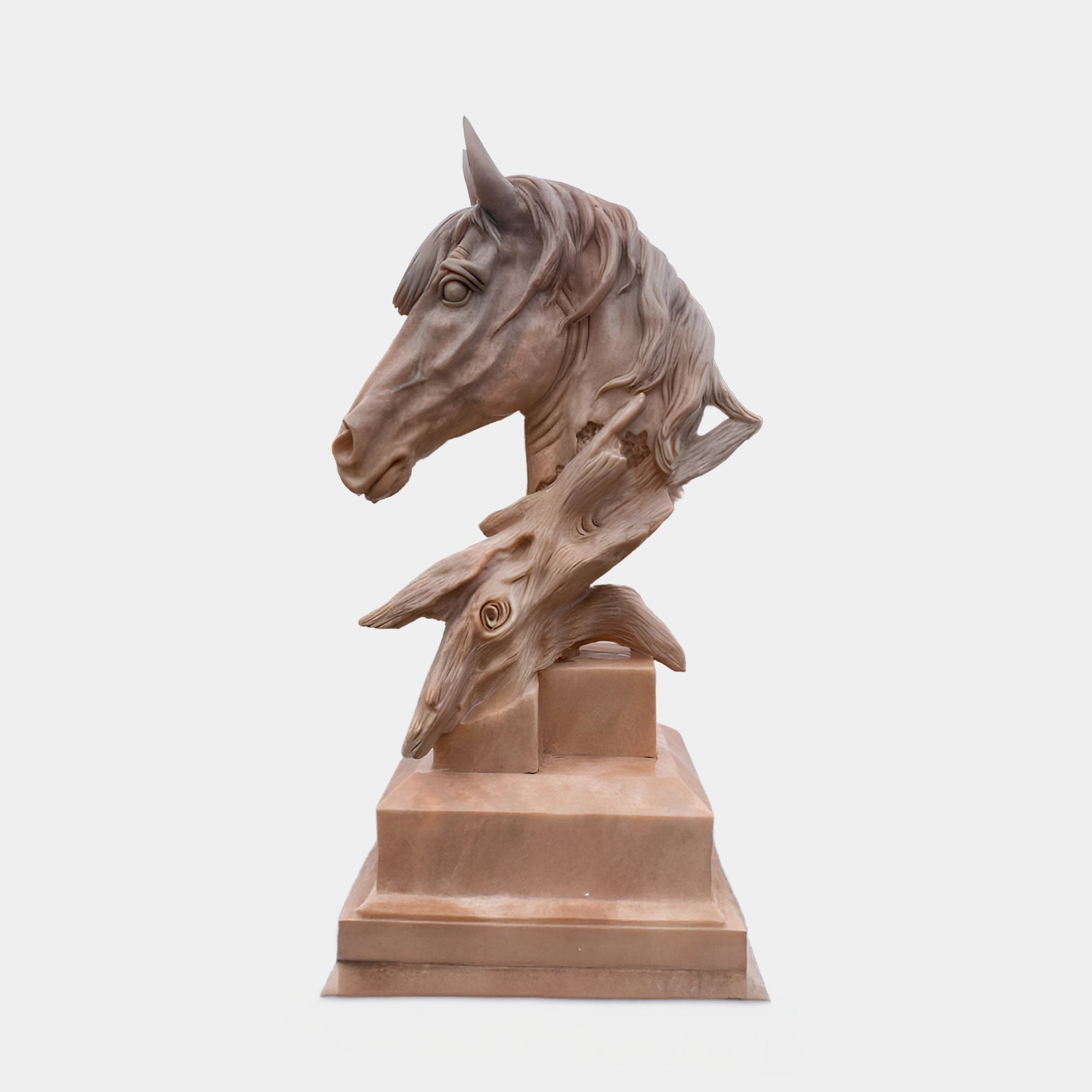 Exuding Equine Elegance, the Fluid Motion Horse Head Marble Outdoor Sculpture - 100cm by Giant Sculptures depicts a horses head and upper body in reddish-brown stone, gracefully posed on a rectangular pedestal with lifelike details in its mane and expression.