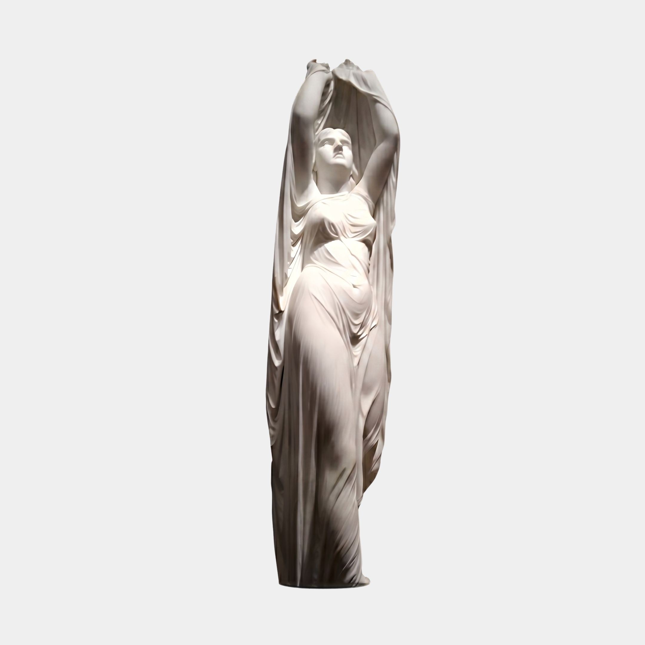 Veiled Woman Marble Sculpture 180cm by Giant Sculptures, white marble figure gazing upward with raised arms holding a cascading veil, shown on a plain background.